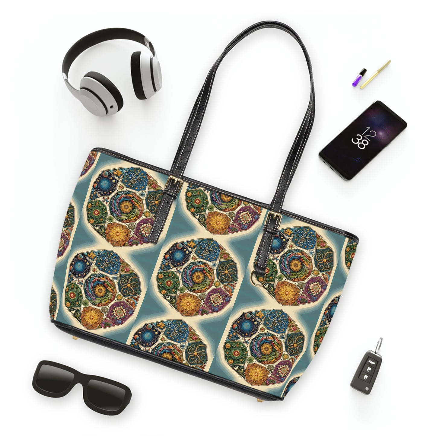 Spiritual PU Leather Shoulder Bag with Geometric Design, Stylish Tote, Everyday Handbag, Perfect for Gifting, Festival Accessory