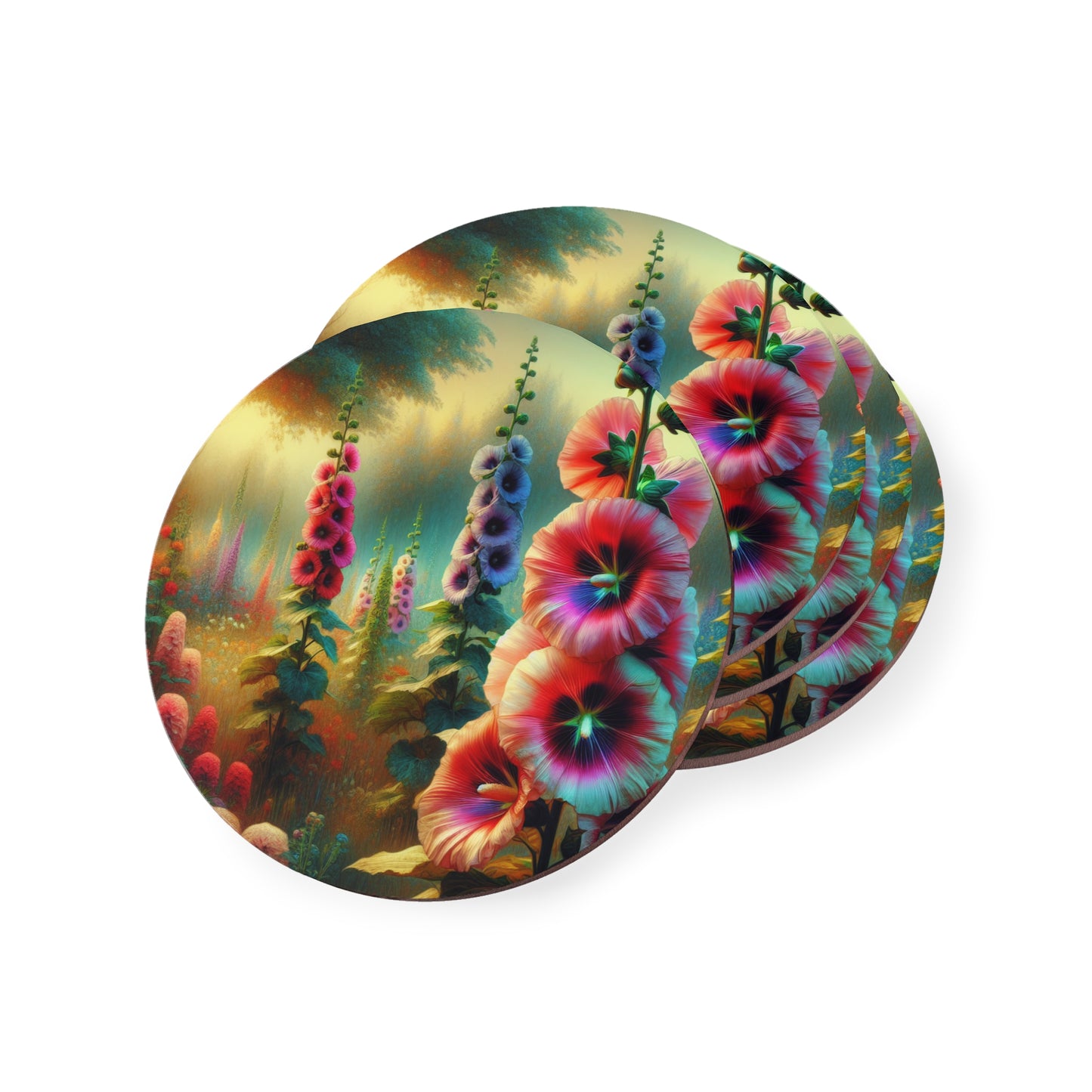 Hollyhock Coasters, hollyhock blooms drink coasters, floral coasters, home decor, housewarming gift, gardening gift