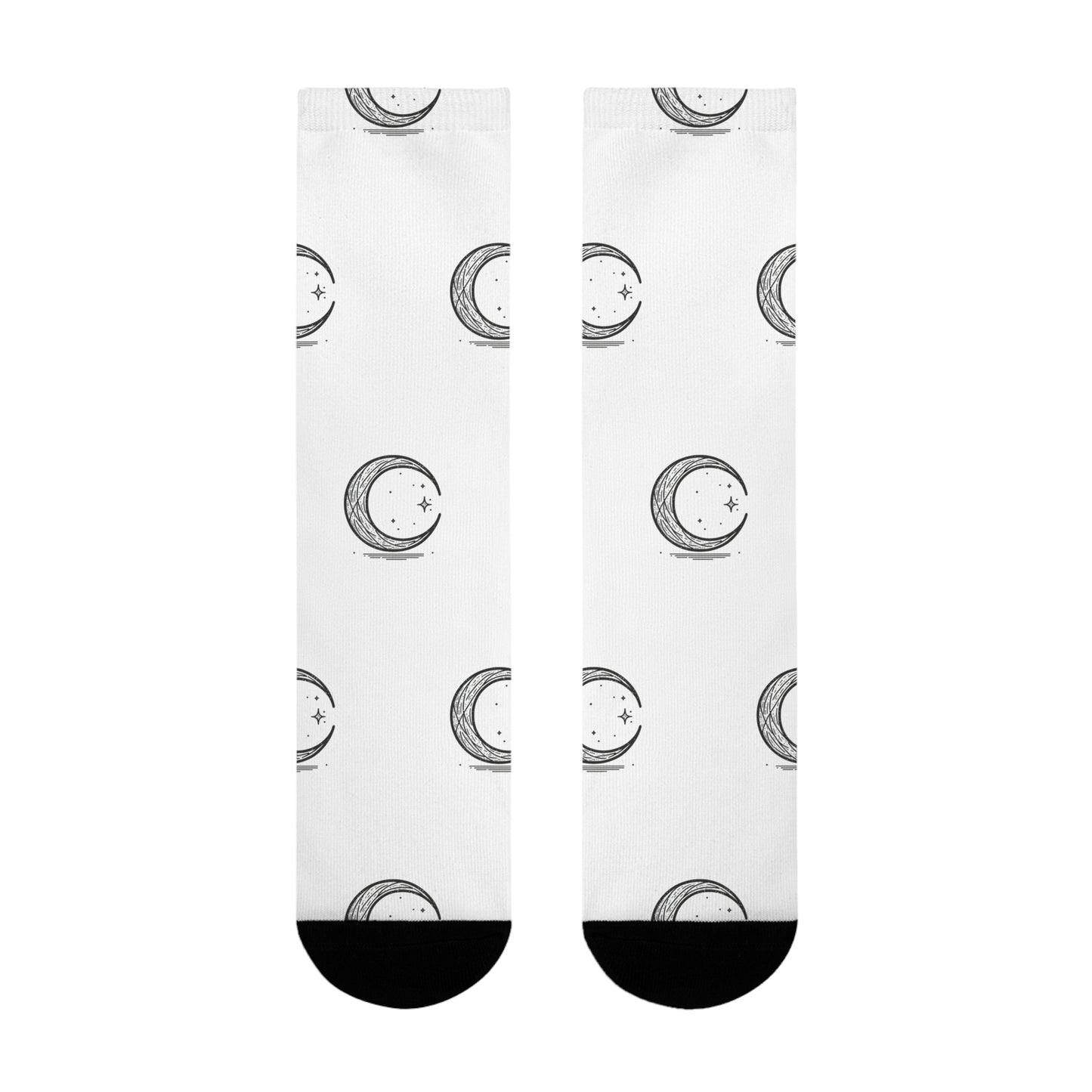Crescent Moon Crew Socks, Minimalist Lunar Design, Night Sky Apparel, Black White Patterned Footwear, Gift for Moon Lovers,