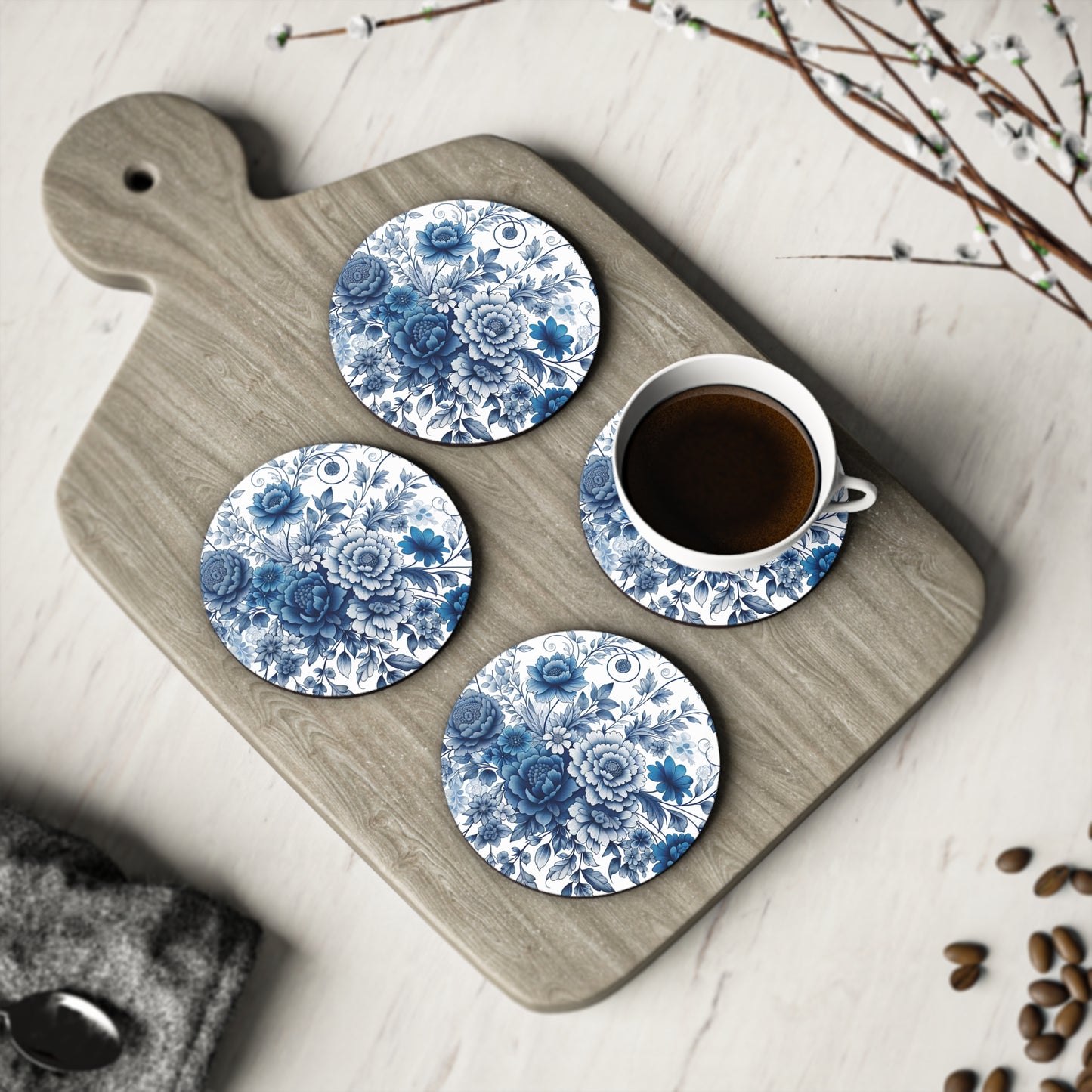 Blue Floral Coasters Set, Drink Coasters, Table Coasters, Home Decor, Kitchen Accessories