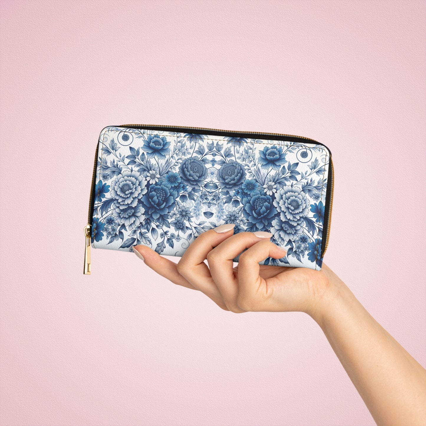 Zipper Wallet with Blue Floral Design
