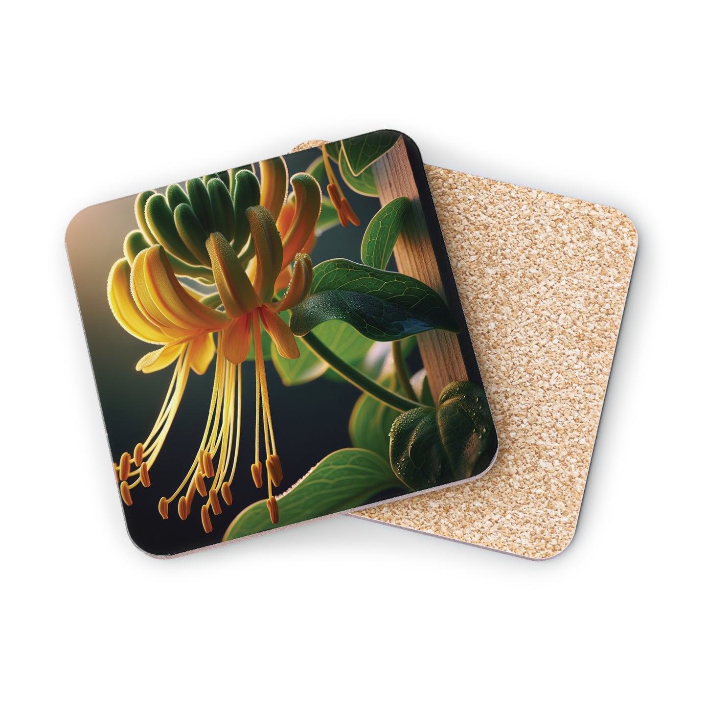 Floral Honeysuckle Coasters, Set of 4 Cork Backed Coasters, Botanical Drink Mats, Flower Lover Gift, Home Decor Accents