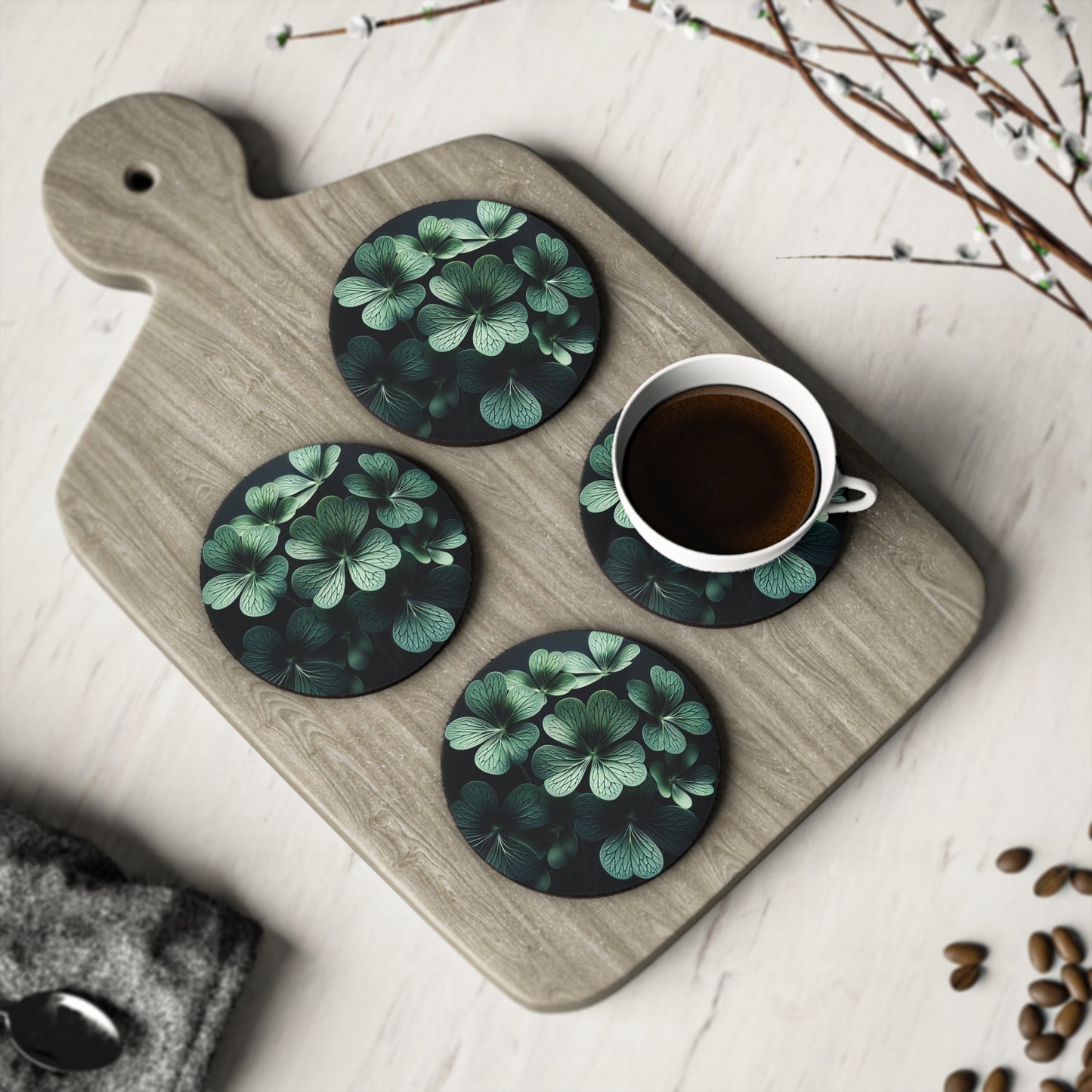 Oxalis Coasters, Set of 4 Round Ceramic Drink Coasters, Botanical Oxalis Design, Housewarming Gift, Home Decor, Table Coasters, Hostess Gift