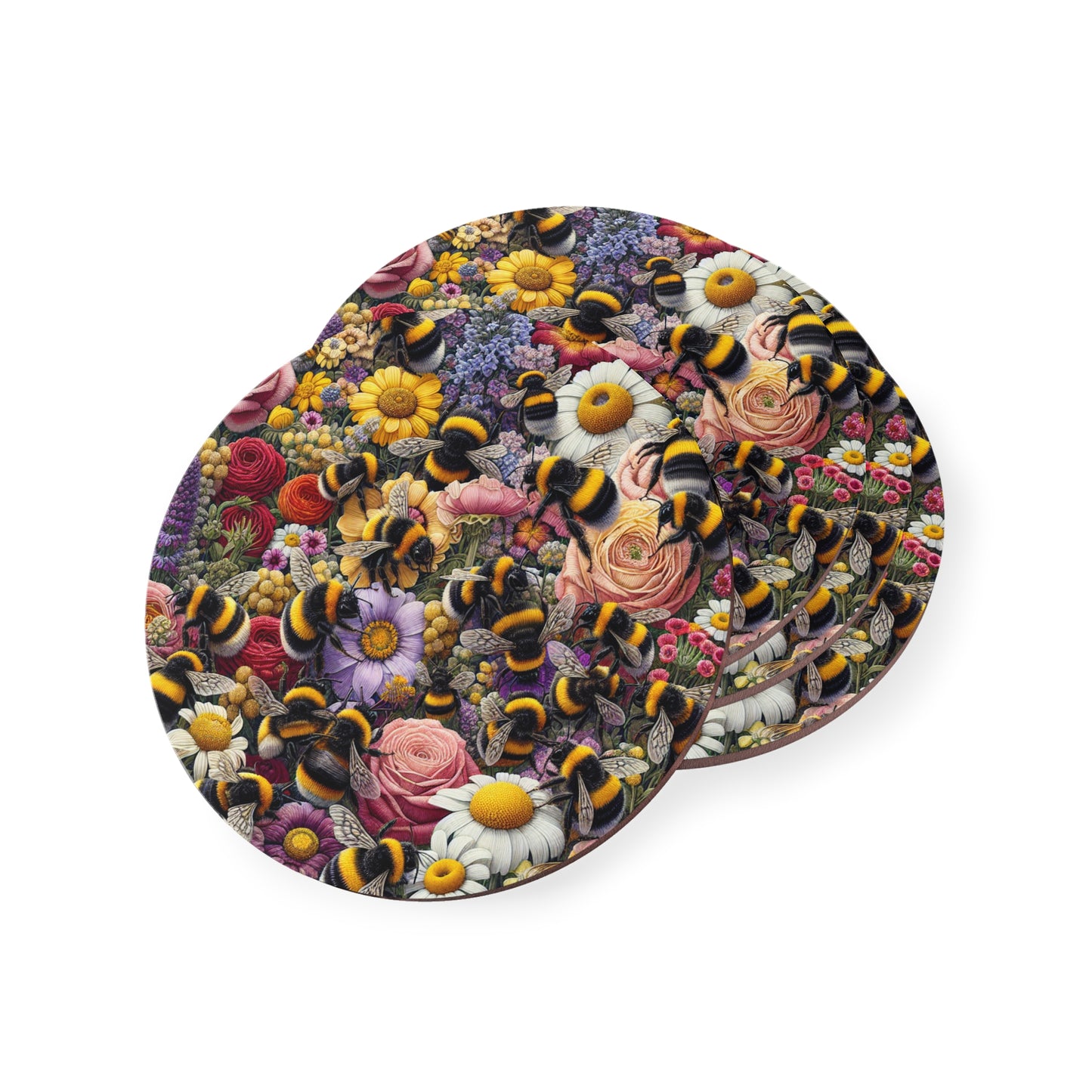 Floral Bee Coasters - Vibrant Floral Design, Perfect Gift for Bee Lovers, Home Décor, Eco-Friendly, Coffee Table Essentials