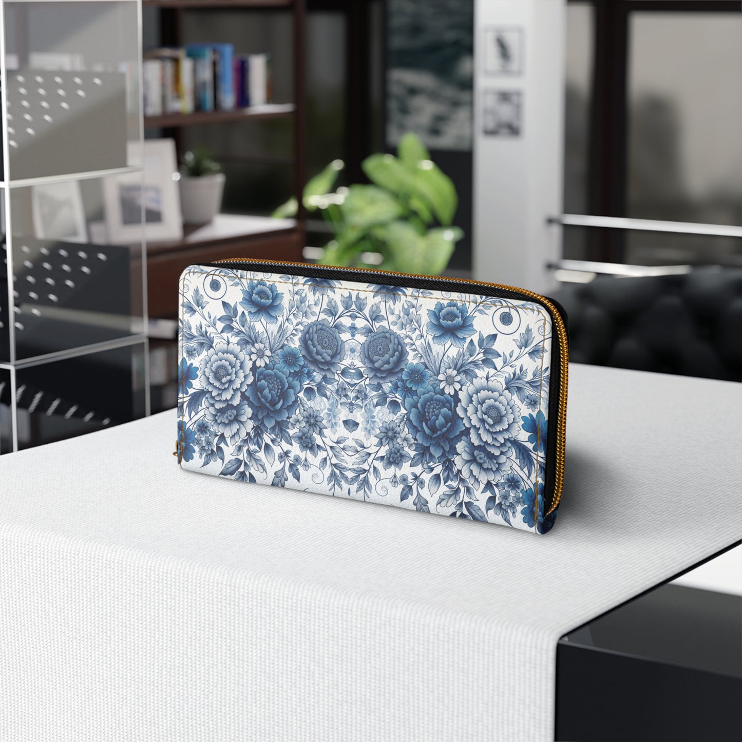 Zipper Wallet with Blue Floral Design