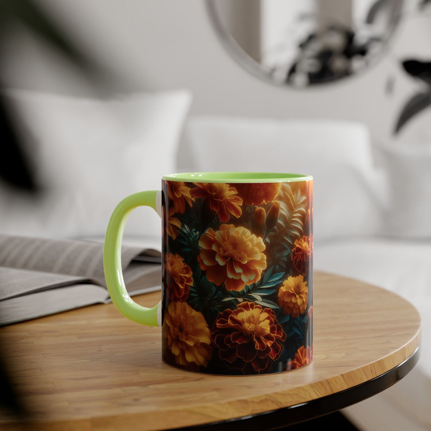 Orange Marigolds Accent Mug, Floral Coffee Cup, Botanical Tea Mug, Nature Lover Gift, Garden Theme Kitchen Decor