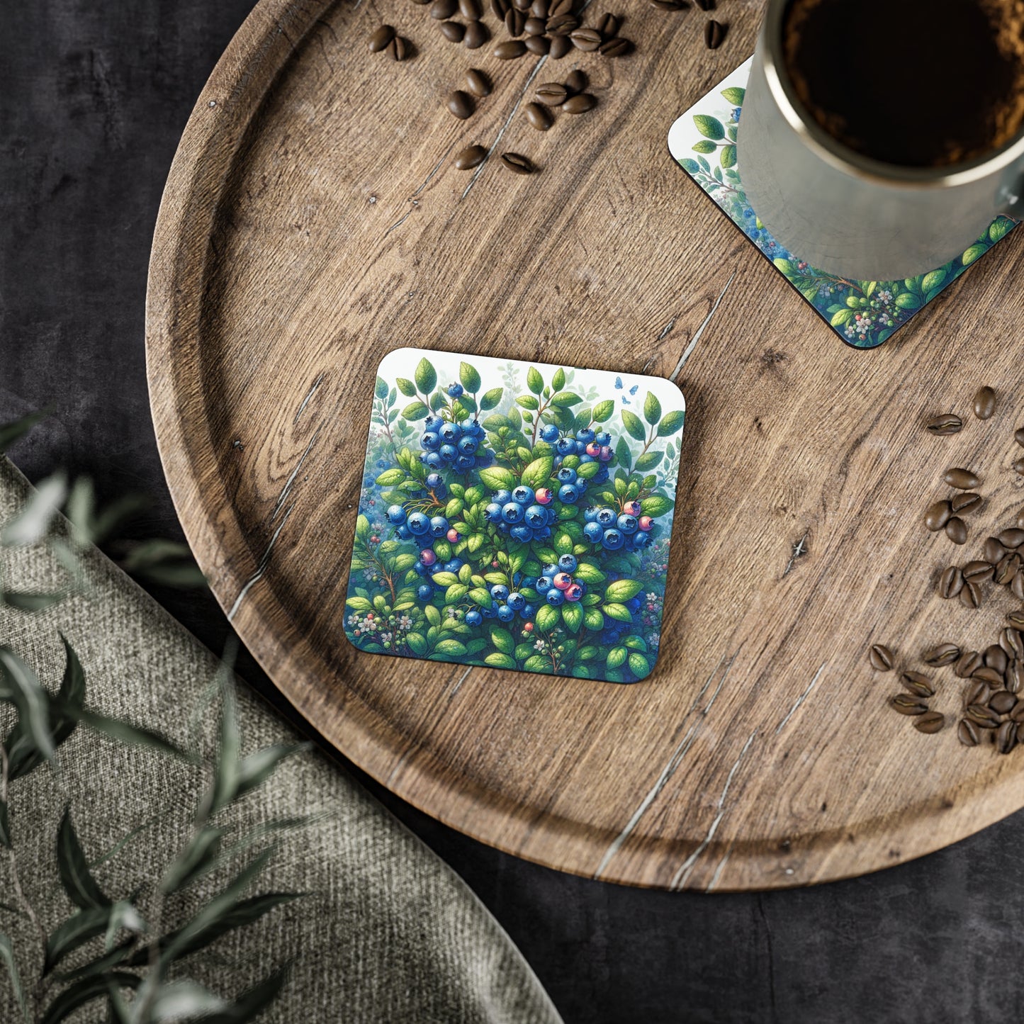 Blueberries Coasters - Set of 4 Drink Coasters, Fruit Design Home Decor, Kitchen Accessories, Housewarming Gift, Holiday Table Decor