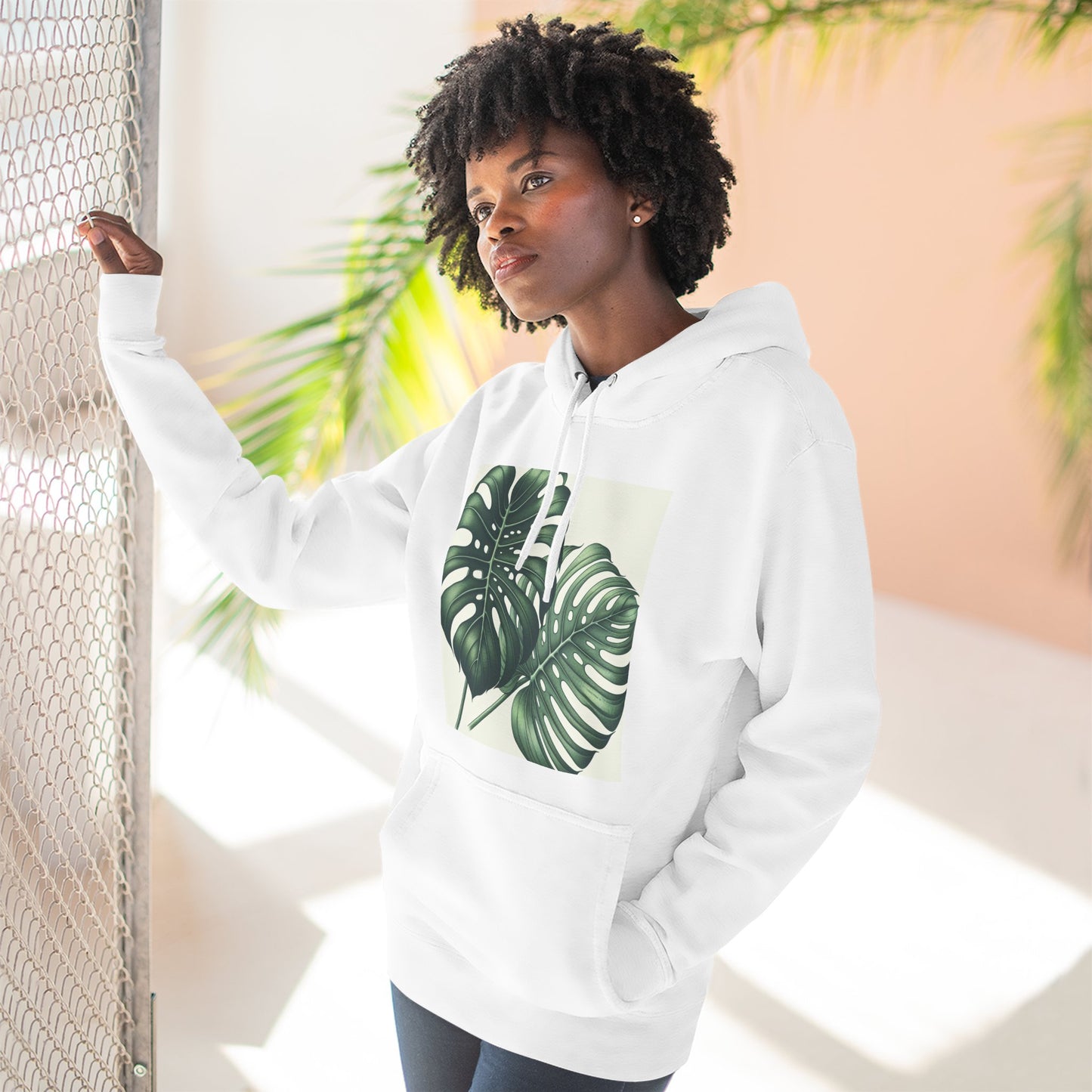 Tropical Fleece Hoodie - Monstera Leaf Design