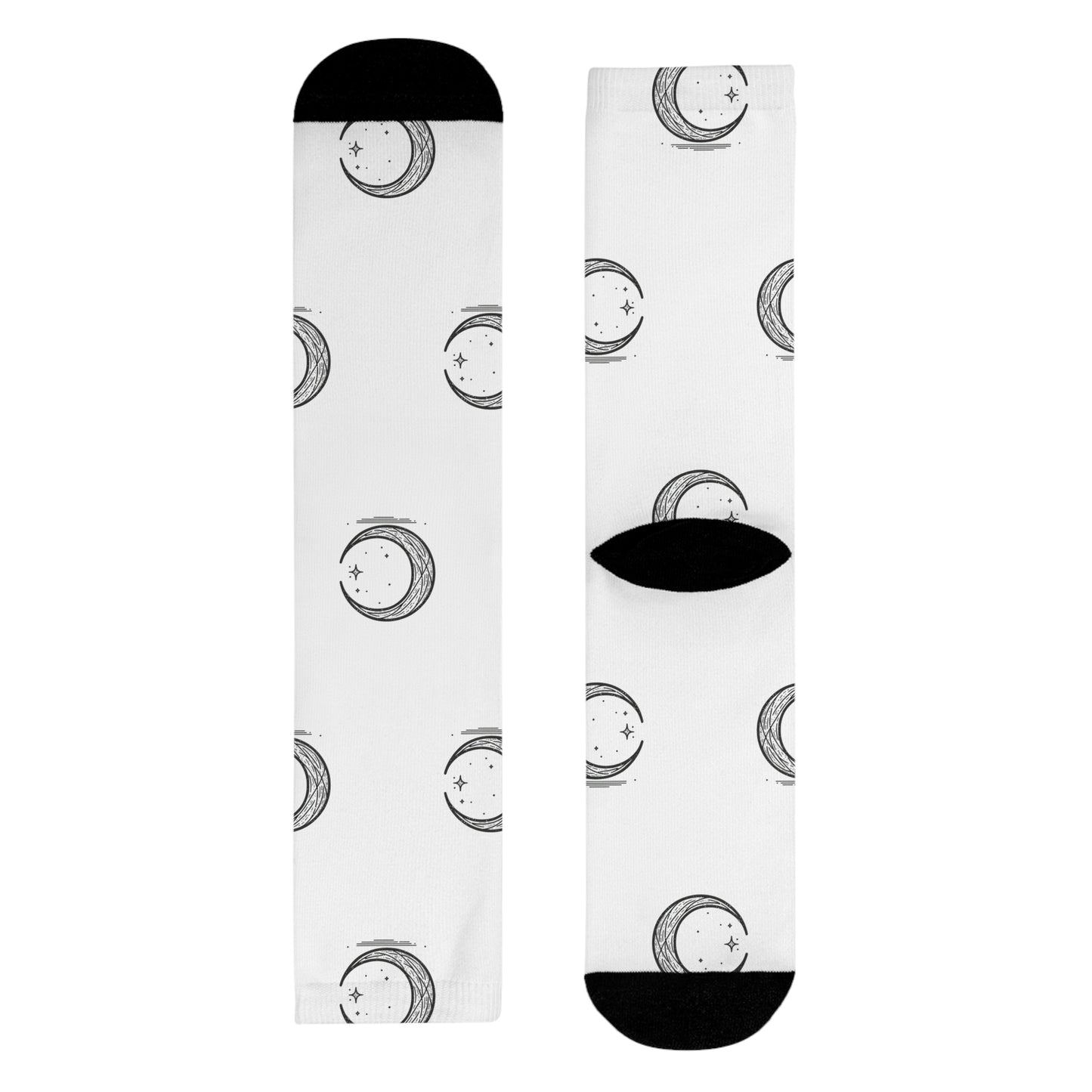 Crescent Moon Crew Socks, Minimalist Lunar Design, Night Sky Apparel, Black White Patterned Footwear, Gift for Moon Lovers,