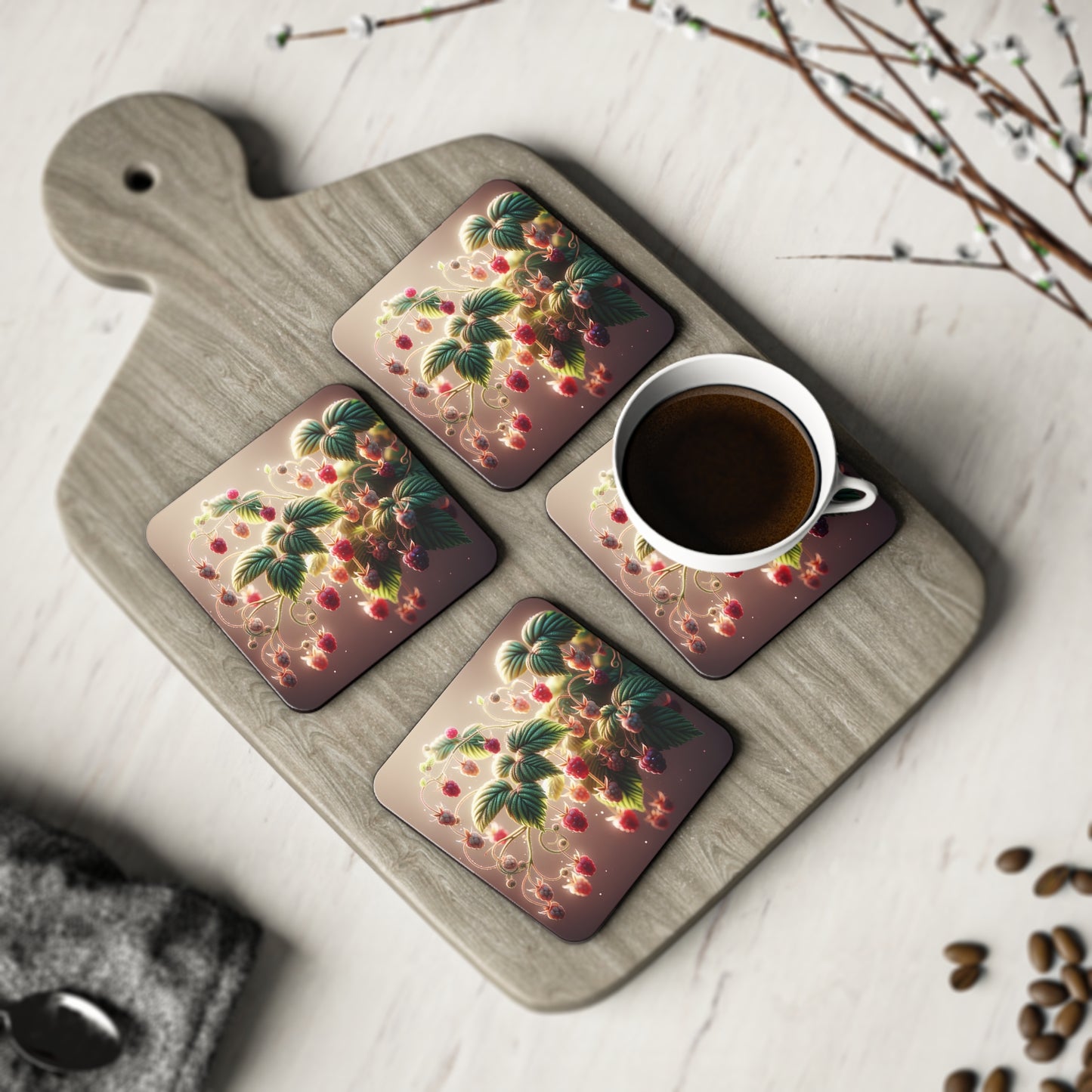 Raspberry Coasters, Drink Coasters, Set of Coasters, Home Decor, Kitchen Accessories, Housewarming Gift, Fruit Theme Coasters