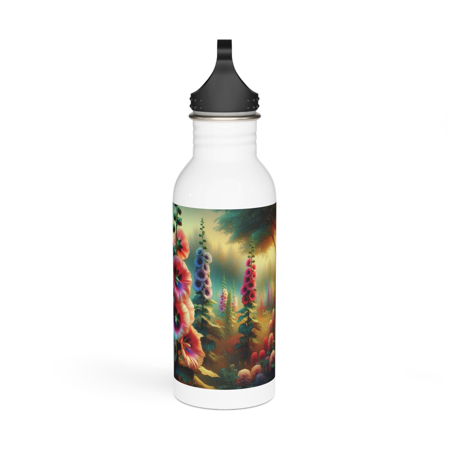 Stainless Steel Water Bottle - Hollyhocks design, Botanical Flower Lover Gift, Reusable Drinkware, Floral Water Bottle,