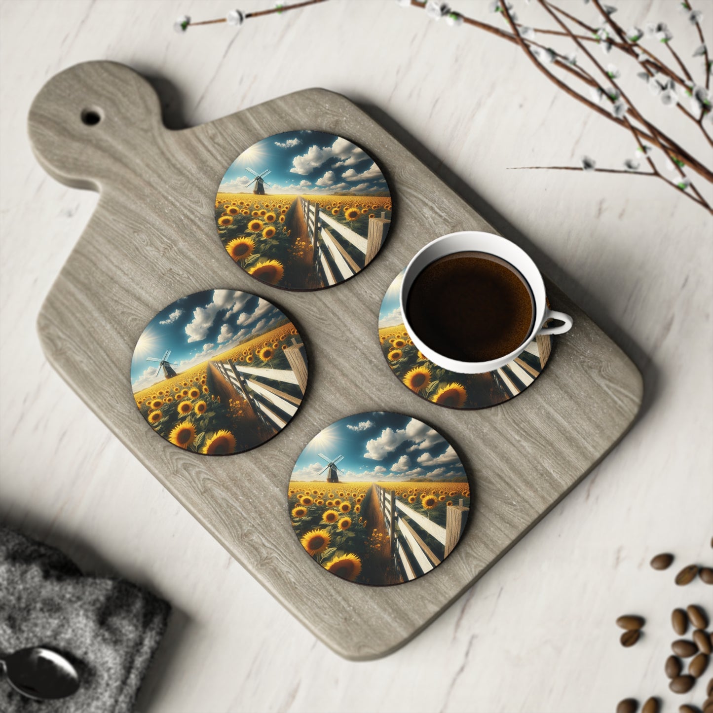 Sunflower Field Coasters, Floral Drink Mats, Farmhouse Decor, Rustic Kitchen Accessories, Set of 4 Coaster, Flower Home Gifts