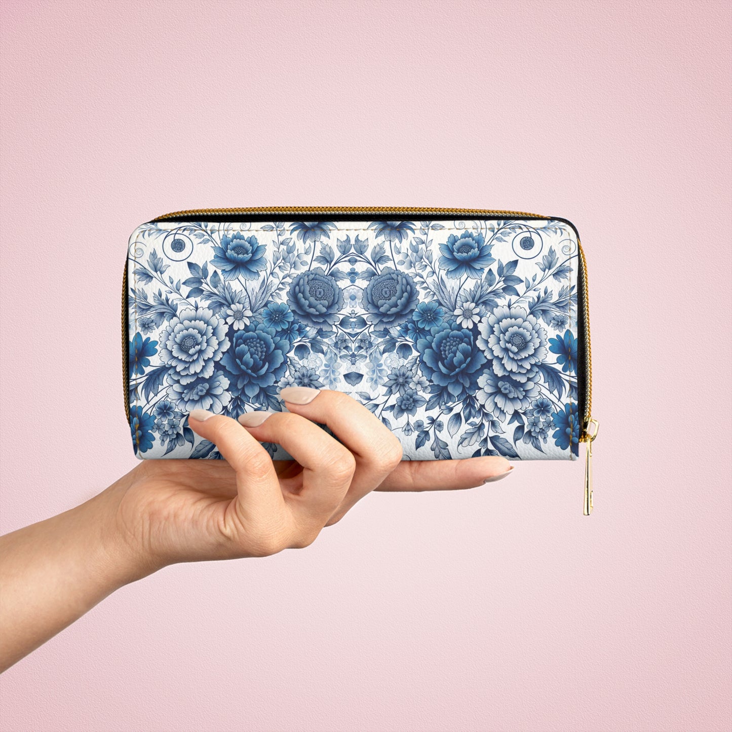 Zipper Wallet with Blue Floral Design