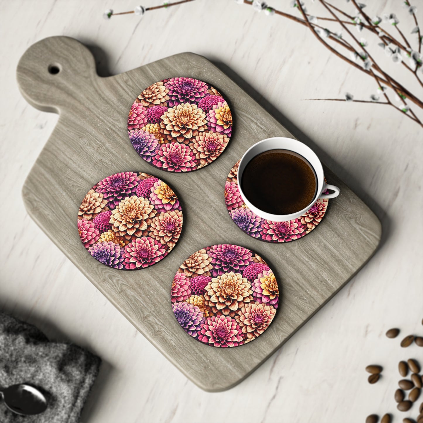 Dahlia blooms coasters, Floral drink coasters, Botanical home decor, Housewarming gift, Flower lovers gift, Gardening gift