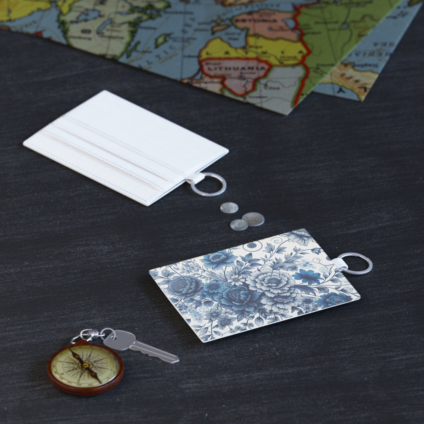 Leather Card Holder: Blue Floral Design, Wallet Insert, Business Card Case, Credit Card Organizer, Gift for Her