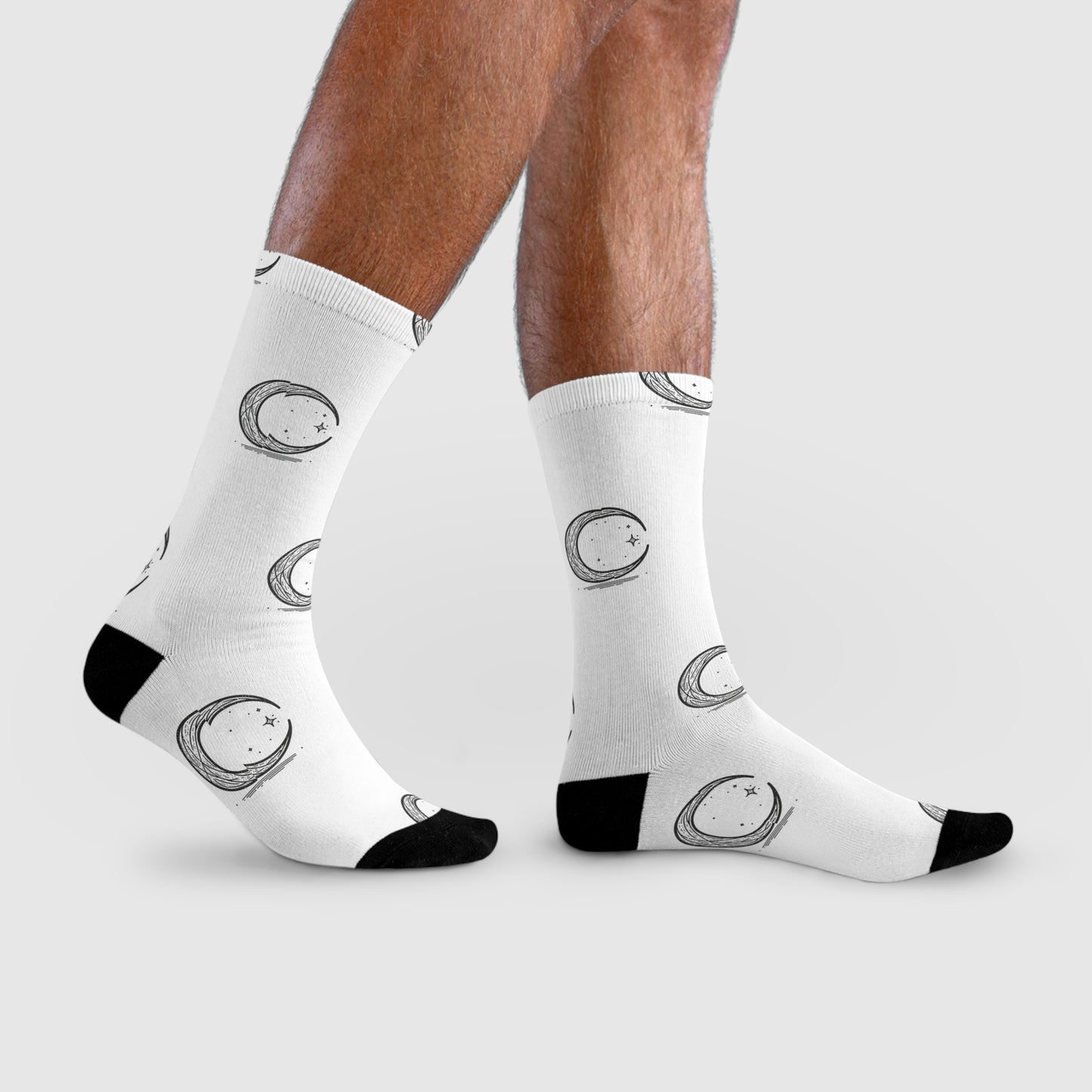 Crescent Moon Crew Socks, Minimalist Lunar Design, Night Sky Apparel, Black White Patterned Footwear, Gift for Moon Lovers,