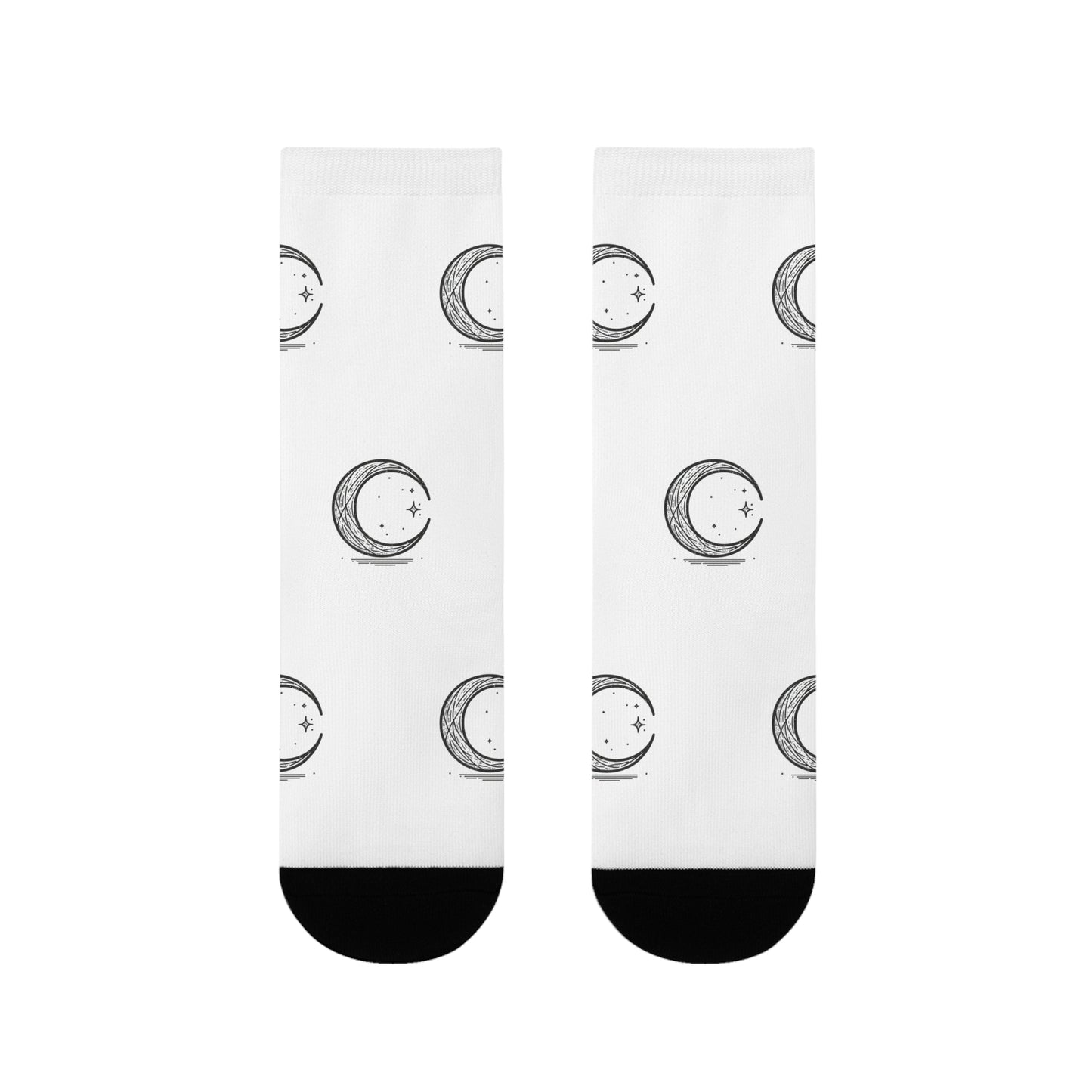 Crescent Moon Crew Socks, Minimalist Lunar Design, Night Sky Apparel, Black White Patterned Footwear, Gift for Moon Lovers,