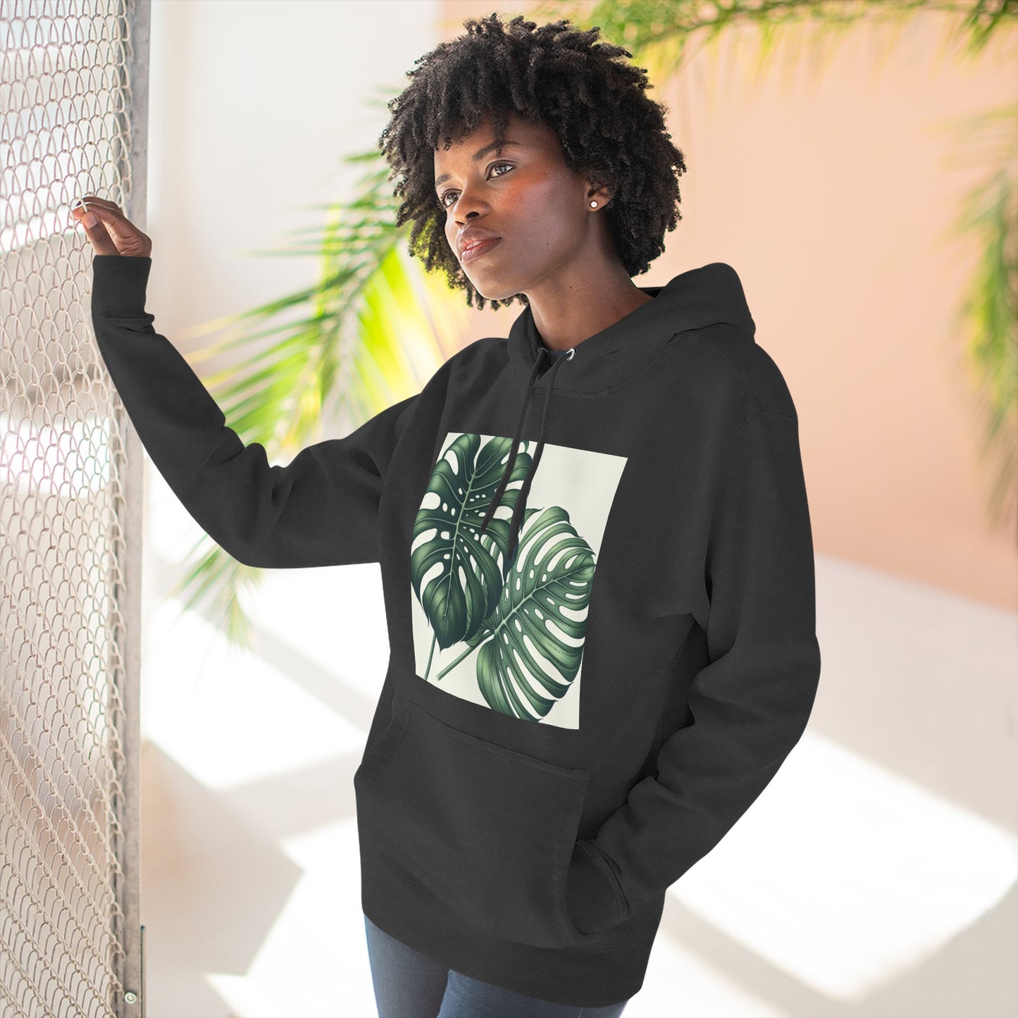 Tropical Fleece Hoodie - Monstera Leaf Design