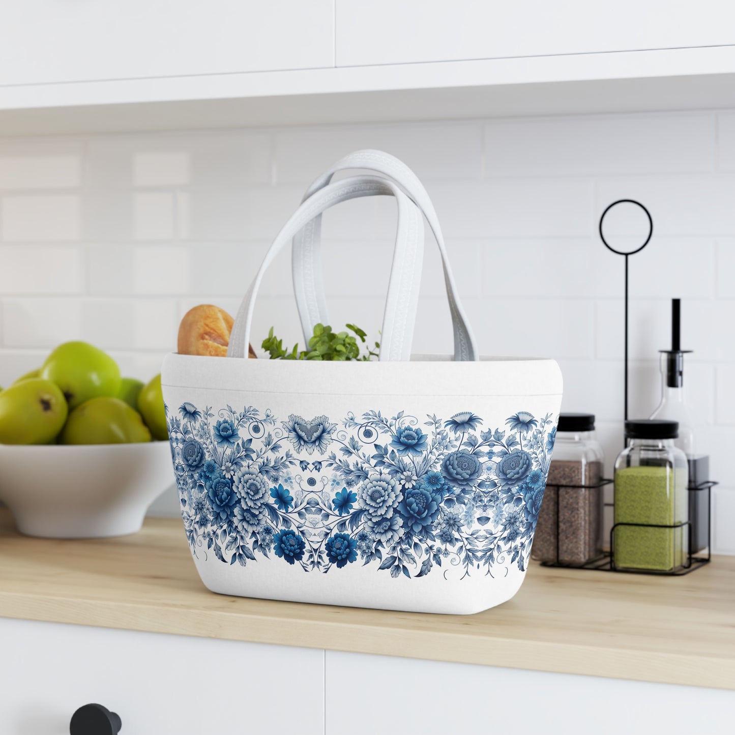 Blue Floral Lunch Bag - Insulated Food Tote, Flower Print Lunchbox, Picnic Cooler, Reusable Lunch Sack, Lunchtime Accessory