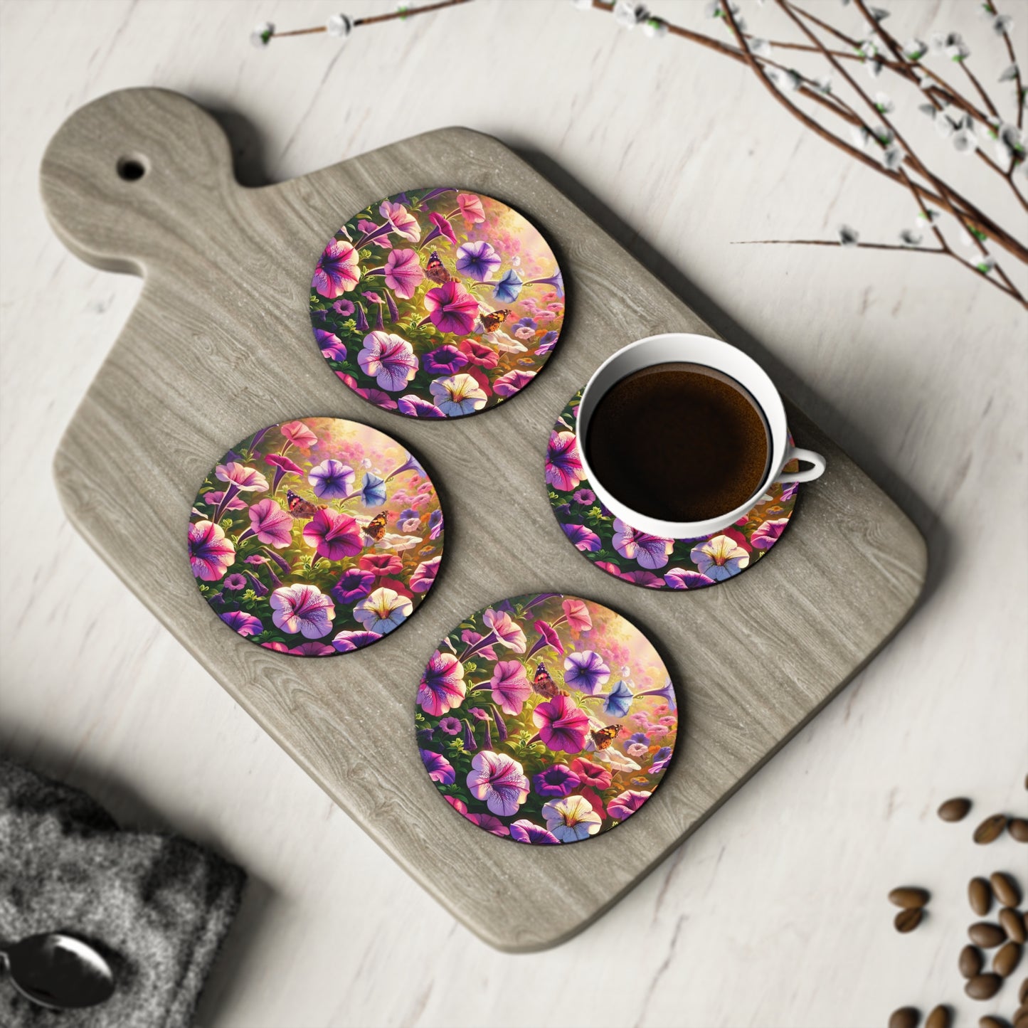 Petunias and Butterflies Drink Coasters, Floral Coasters, Garden Coasters, Spring Home Decor, Set of Coasters