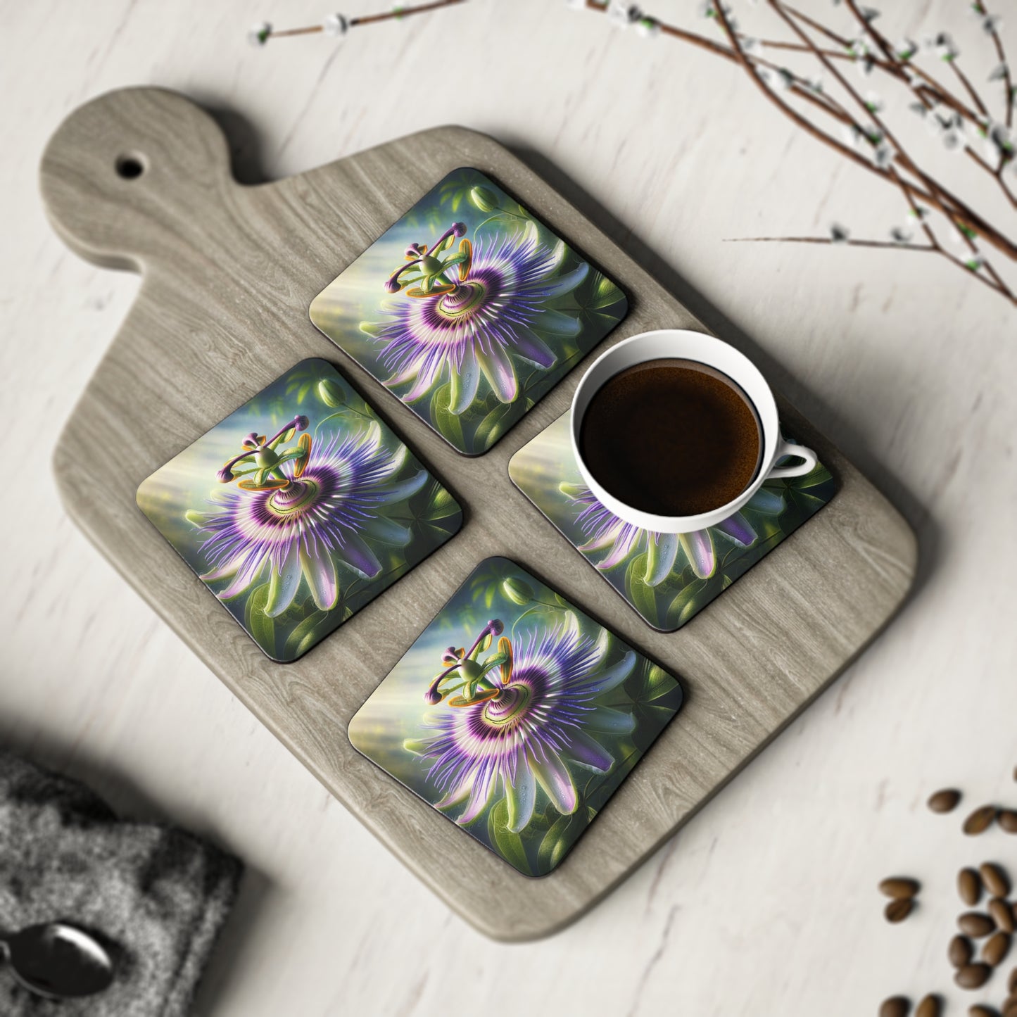 Passionflower Coasters Set, Flower Coasters, Floral Decor, Botanical Coasters, Coffee Table Accessories, Housewarming Gift