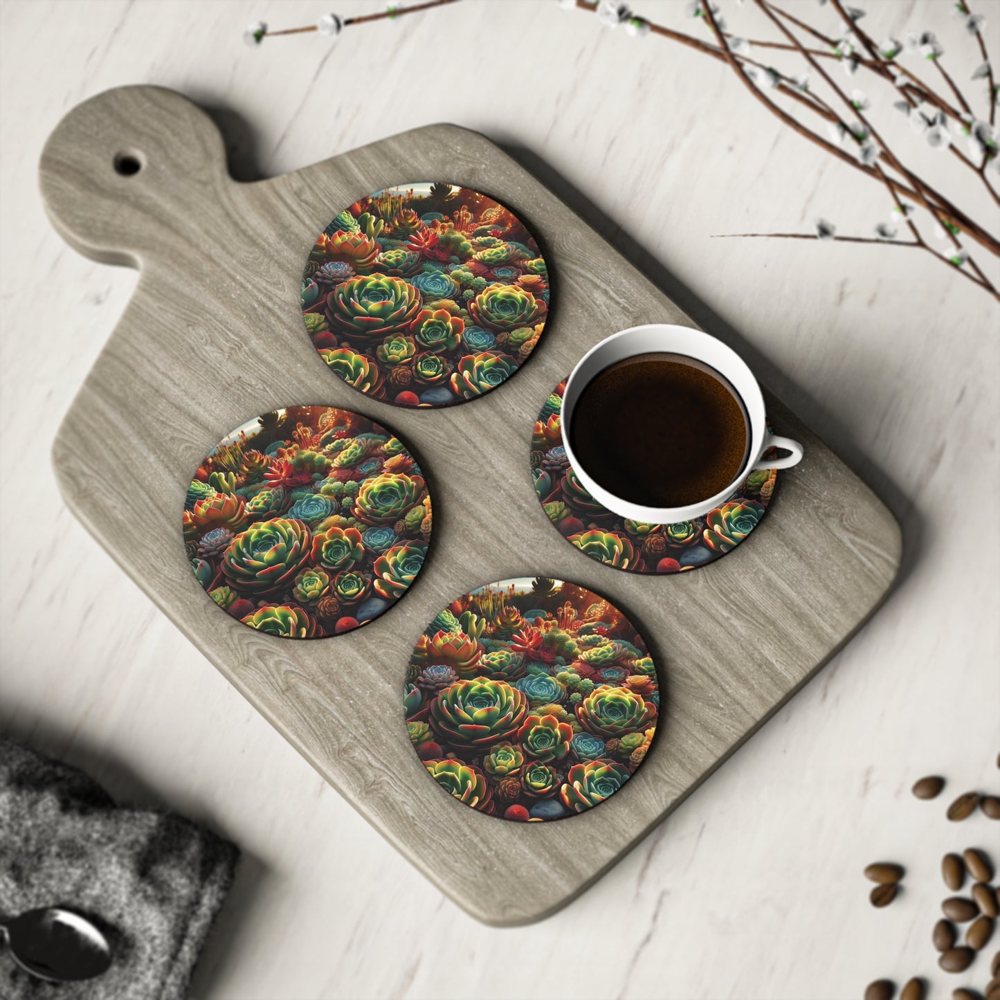 Succulent Coasters, Plant Lover Gift, Botanical Home Decor, Set of 4 Coasters, Garden Theme Drink Coasters, Cactus Coasters