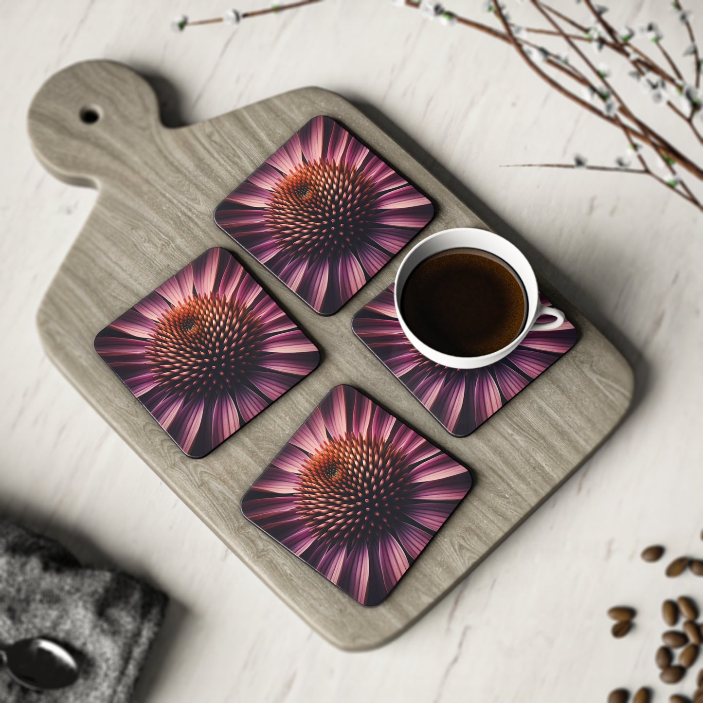 Coneflower Coasters, Coneflower Bloom Drink Coaster Set, Botanical Home Decor, Table Protection, Housewarming Gift, Kitchen Accessories