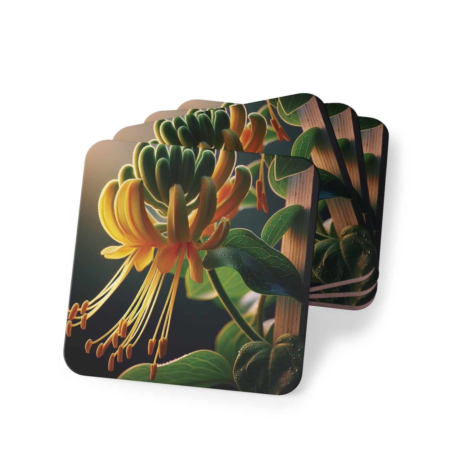 Floral Honeysuckle Coasters, Set of 4 Cork Backed Coasters, Botanical Drink Mats, Flower Lover Gift, Home Decor Accents
