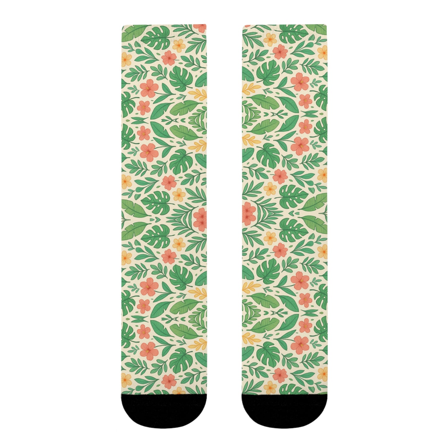 Tropical Floral Sublimation Crew Socks, Botanical Print Footwear, Summer Vibes Accessories, Beach Vacation Wear, Floral Patterned Sock Gift,