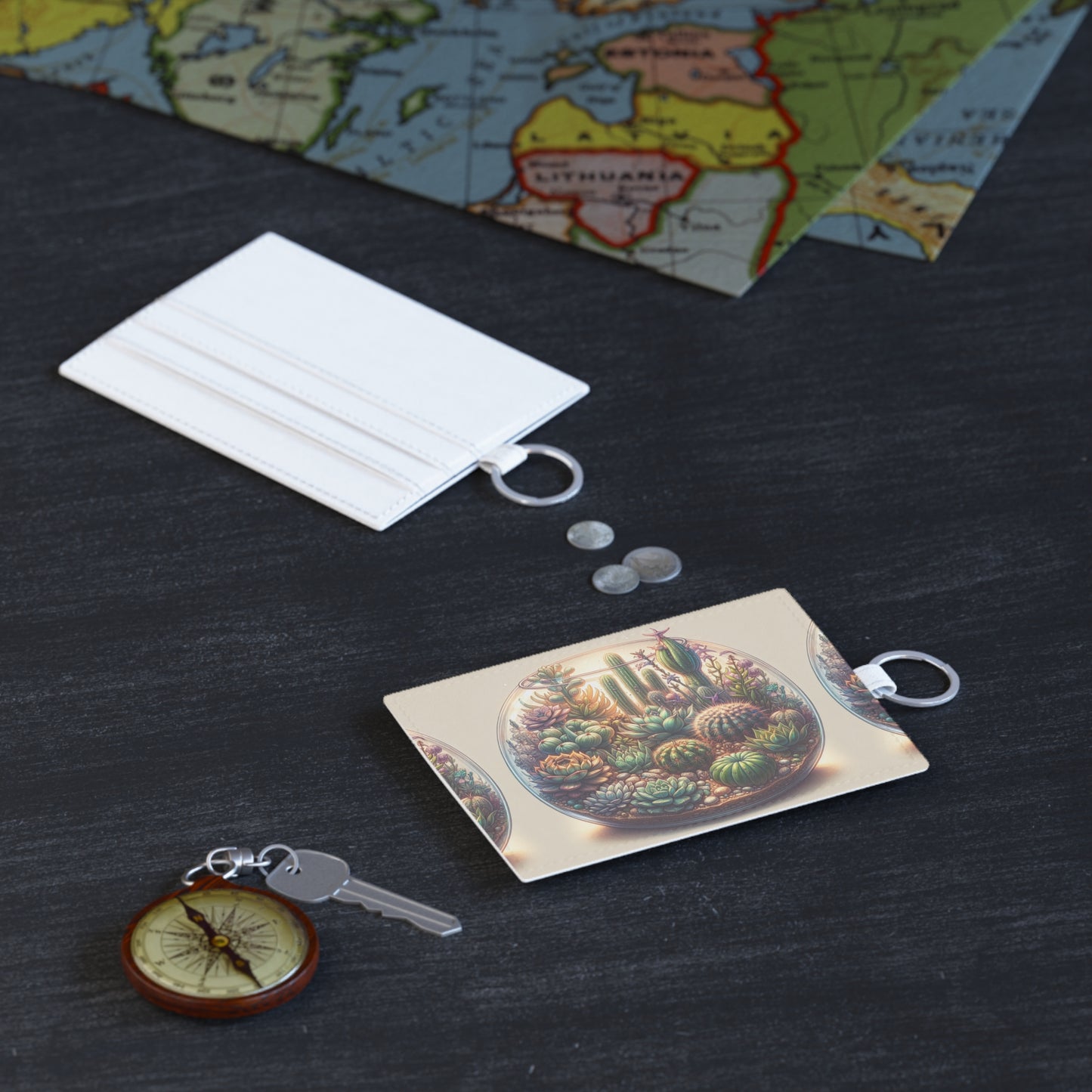 Faux Leather Card Holder: Cactus Terrarium Design, Succulent Business Card Case, Plant Lover Gift, Southwest Style Wallet