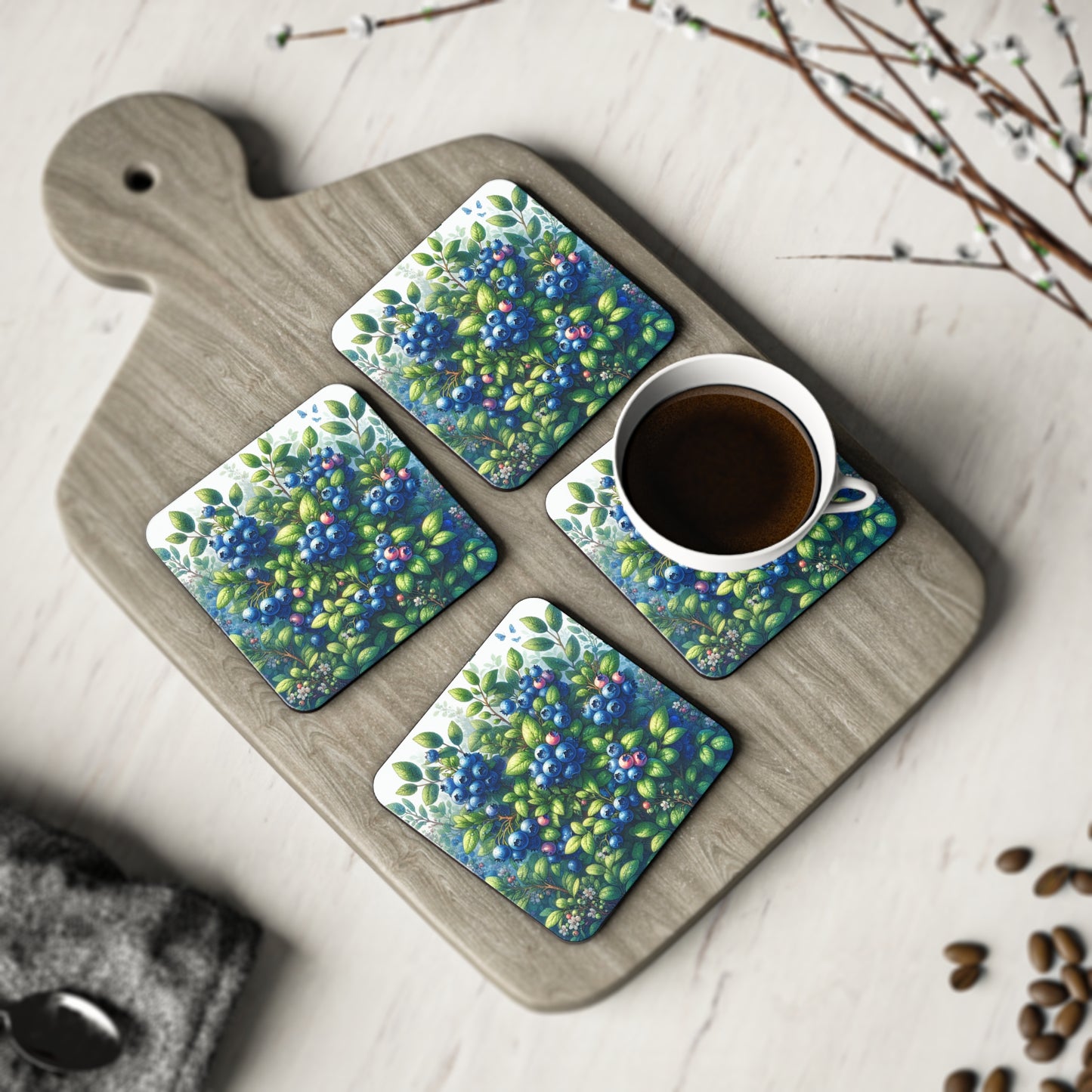 Blueberries Coasters - Set of 4 Drink Coasters, Fruit Design Home Decor, Kitchen Accessories, Housewarming Gift, Holiday Table Decor