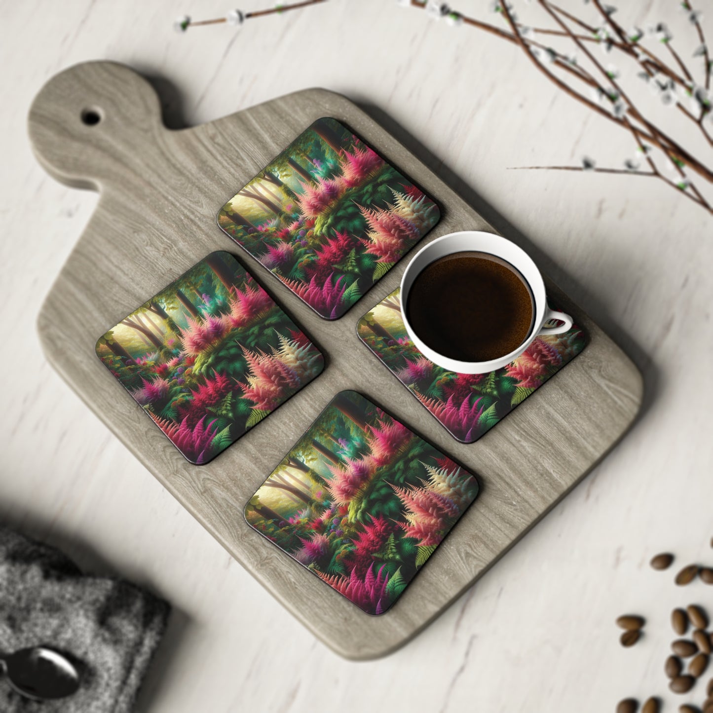 Astilbe Bloom Design Coasters, Floral Drink Coasters, Set of 4, Housewarming Gift, Home Decor