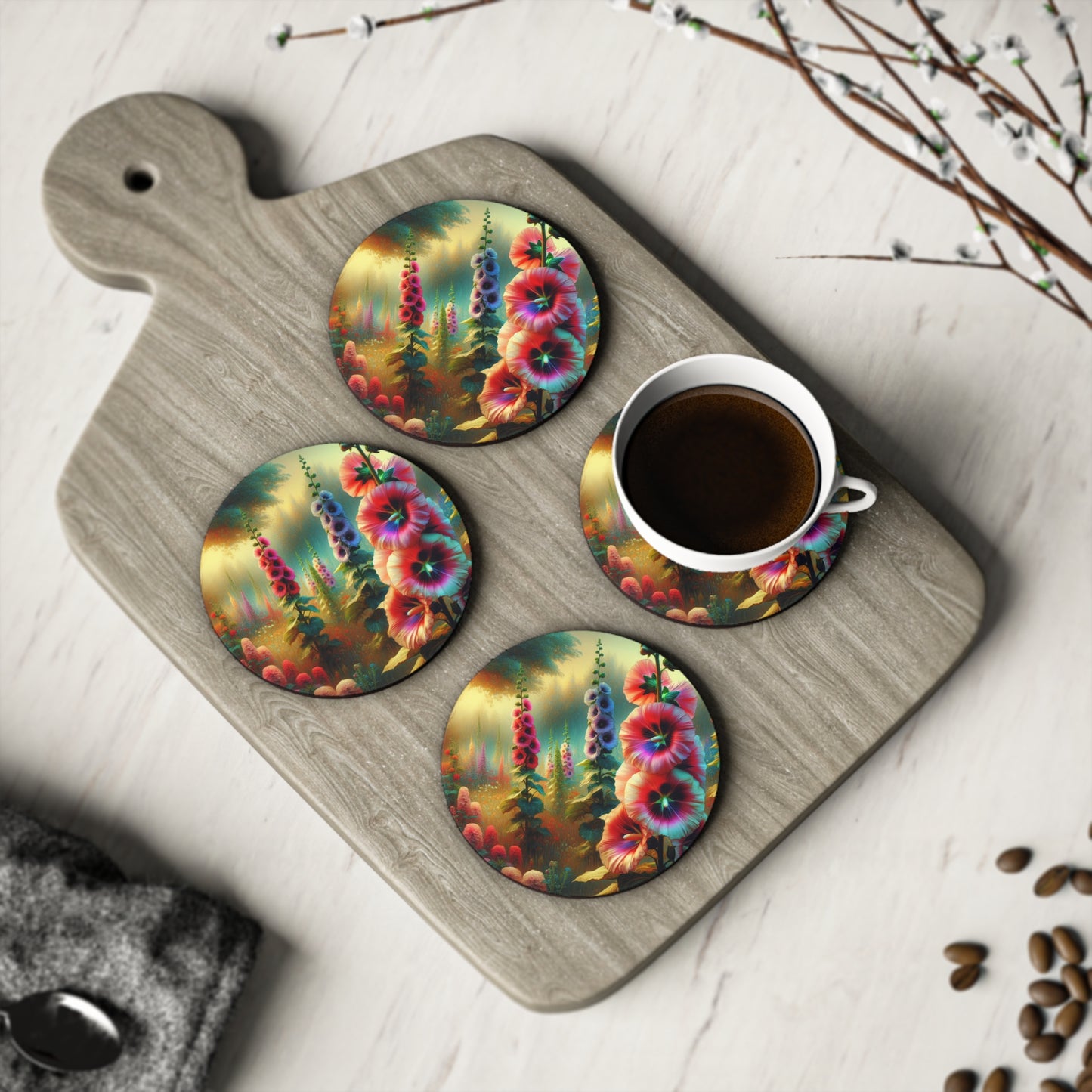 Hollyhock Coasters, hollyhock blooms drink coasters, floral coasters, home decor, housewarming gift, gardening gift