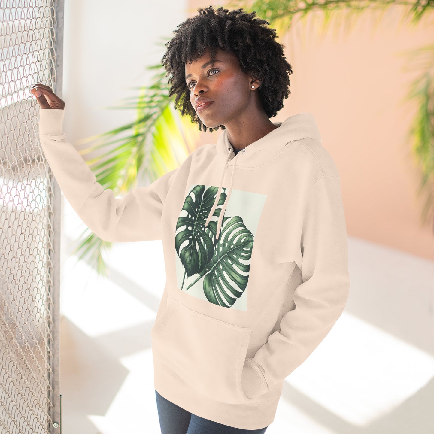 Tropical Fleece Hoodie - Monstera Leaf Design