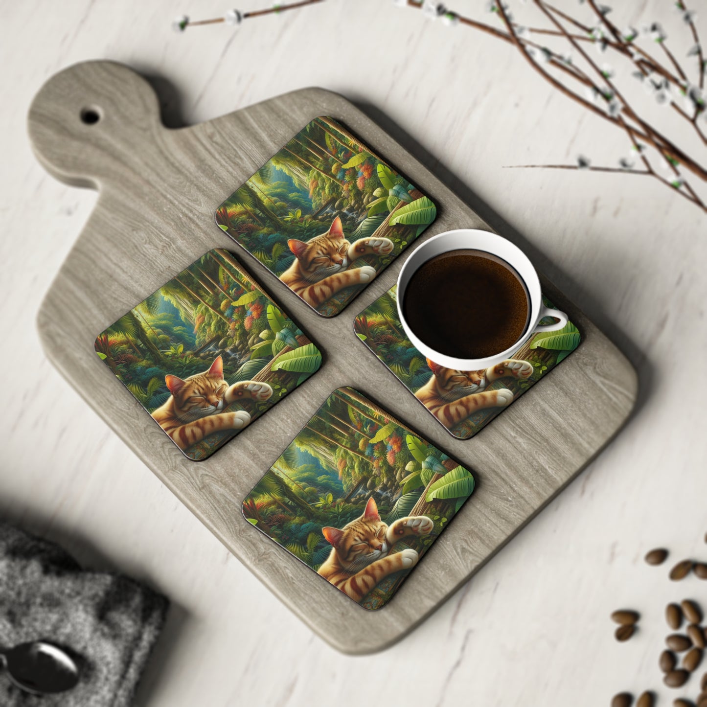 Tropical Forest Cat Coasters, Coasters Set, Drink Coaster, Cat Lover Gift, Jungle Coasters, Housewarming Gift