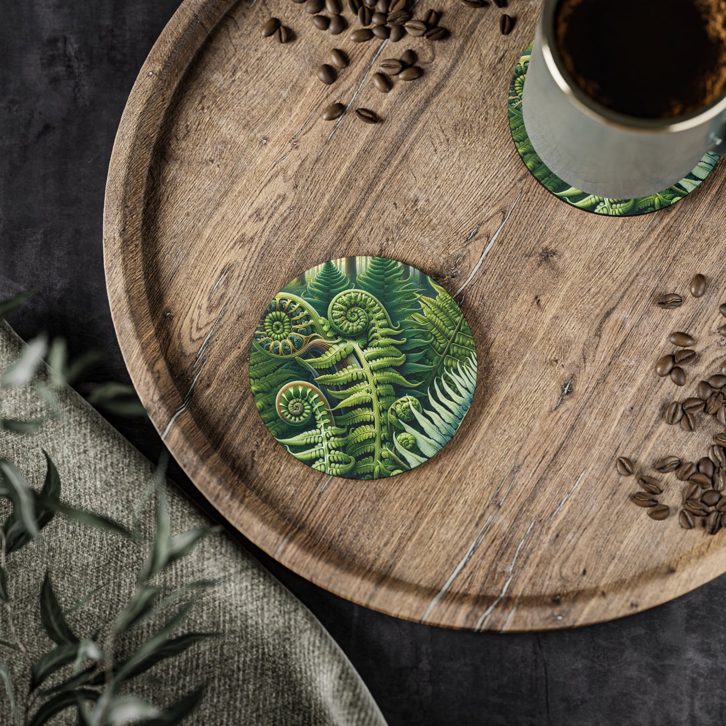 Botanical Fern Leaves Drink Coasters, Set of 4 Square Coasters, Jungle Plant Home Decor, Tropical Greenery Coasters, Leaf Print