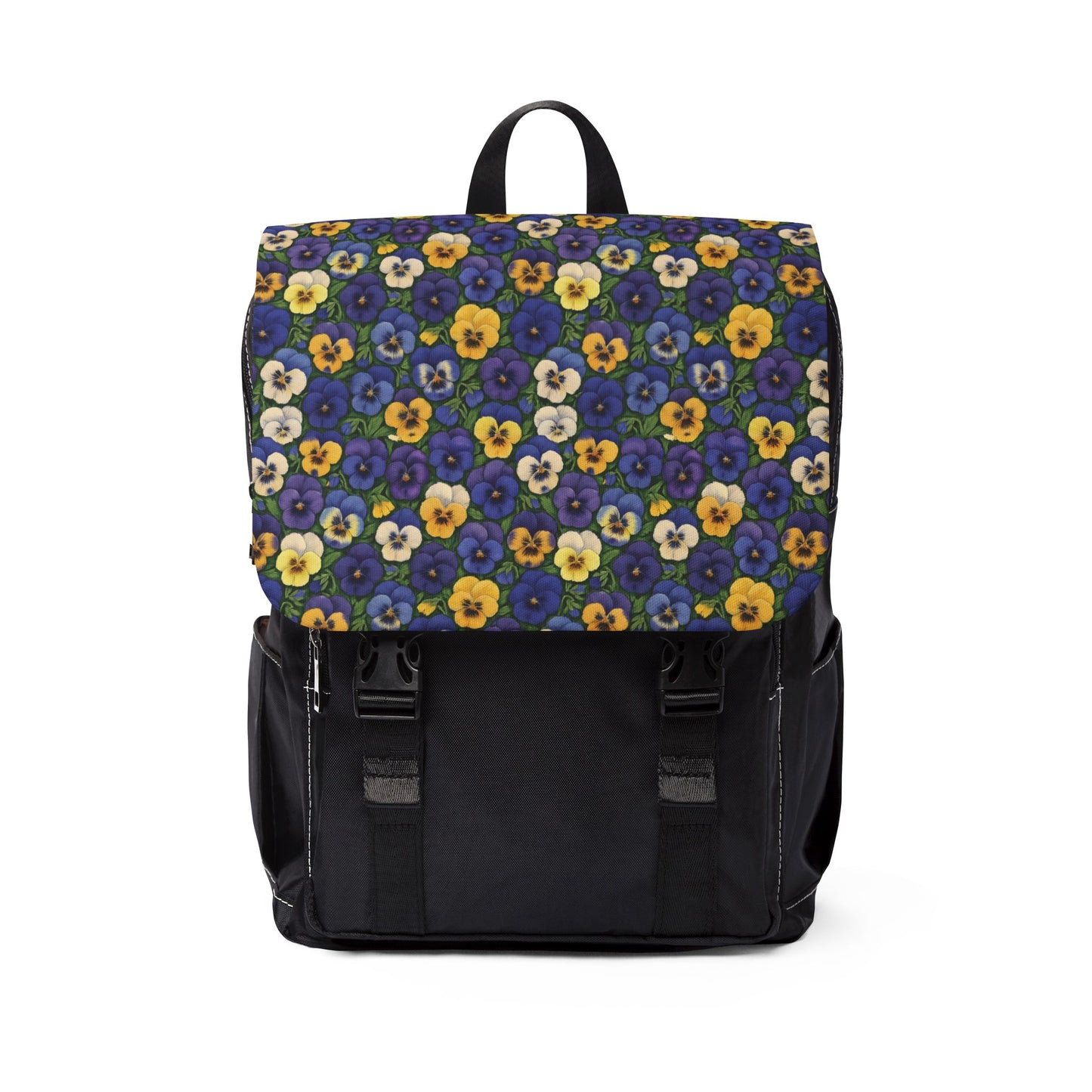 Pansies Shoulder Backpack, Nature Print Daypack, Botanical School Bookbag, Garden Theme Travel Knapsack