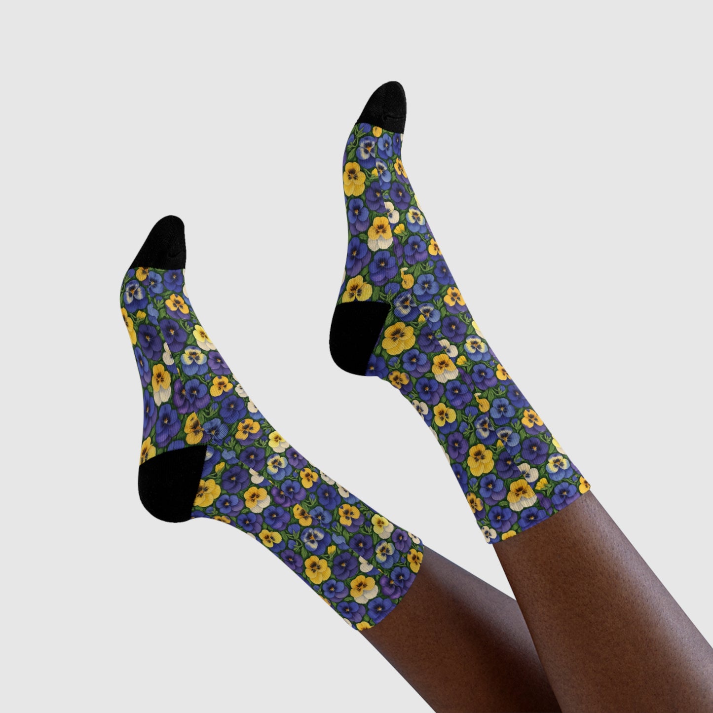 Pansy Pattern Sublimation Crew Socks - Floral Footwear, Garden Print Fashion, Botanical Design Stockings, Nature Lover Gift, Colorful Floral