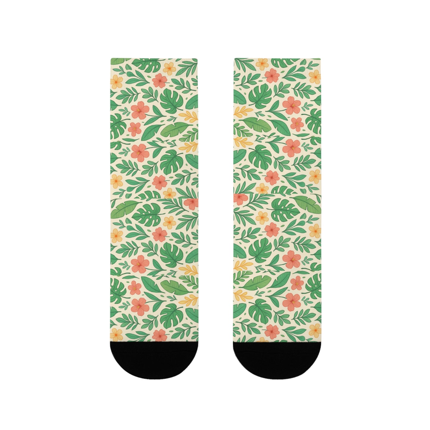 Tropical Floral Sublimation Crew Socks, Botanical Print Footwear, Summer Vibes Accessories, Beach Vacation Wear, Floral Patterned Sock Gift,