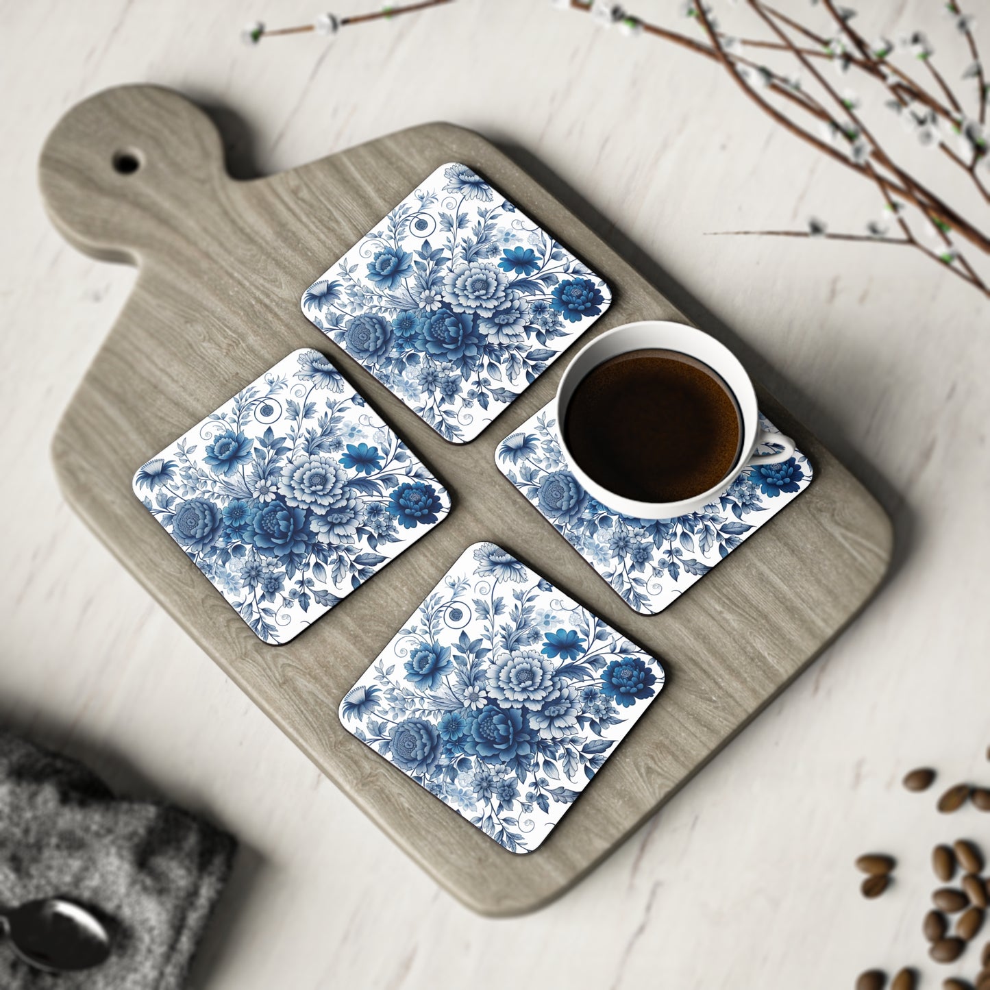Blue Floral Coasters Set, Drink Coasters, Table Coasters, Home Decor, Kitchen Accessories