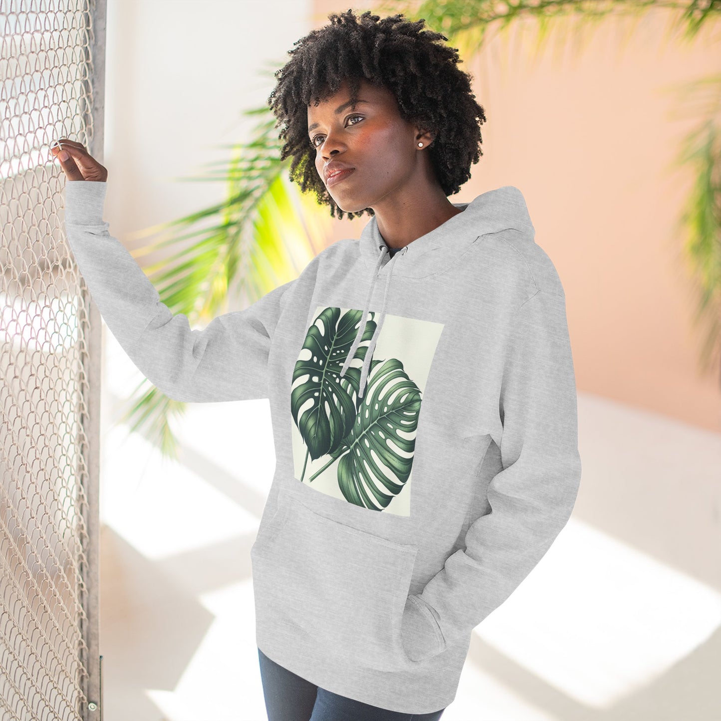 Tropical Fleece Hoodie - Monstera Leaf Design