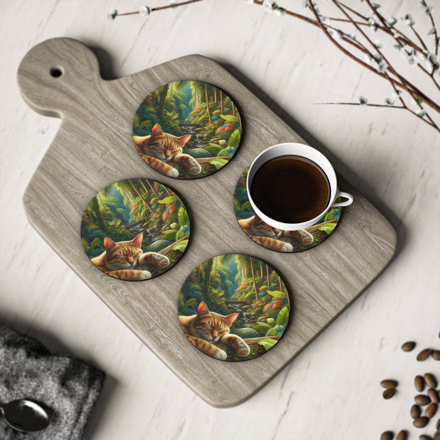 Tropical Forest Cat Coasters, Coasters Set, Drink Coaster, Cat Lover Gift, Jungle Coasters, Housewarming Gift