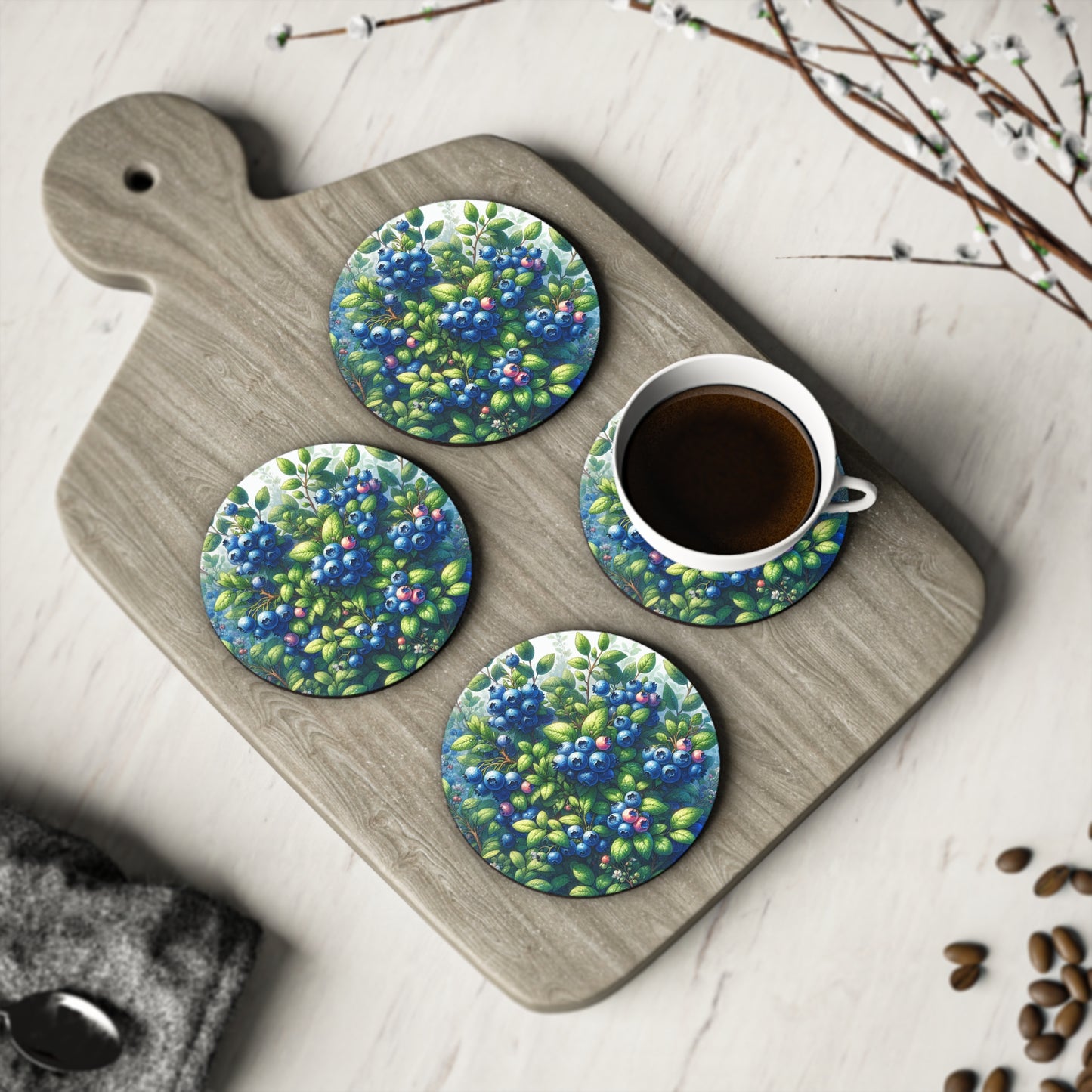 Blueberries Coasters - Set of 4 Drink Coasters, Fruit Design Home Decor, Kitchen Accessories, Housewarming Gift, Holiday Table Decor