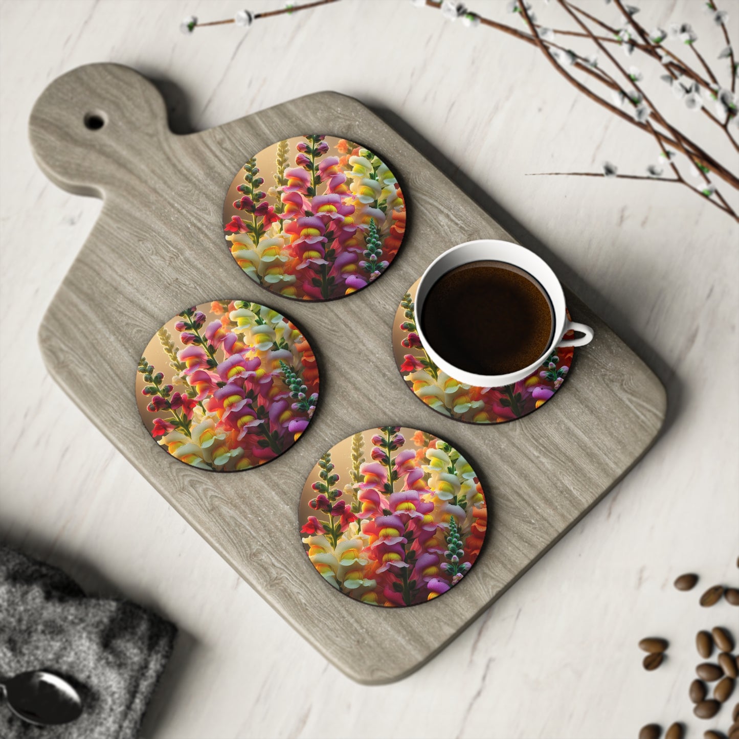 Floral Snapdragons Coasters, Drink Coasters, Botanical Kitchen Decor, Set of 4, Hostess Gift, Housewarming Present