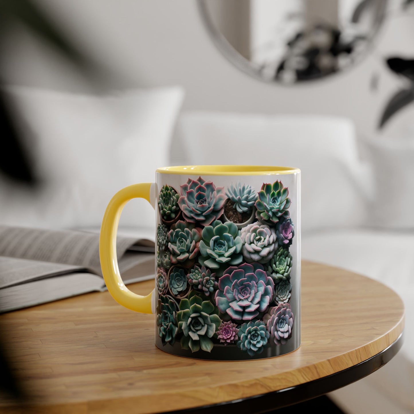 Succulent Garden Accent Mug, 11oz Succulent Coffee Mug, Floral Drinkware, Plant Lover Gift, Unique Home Decor