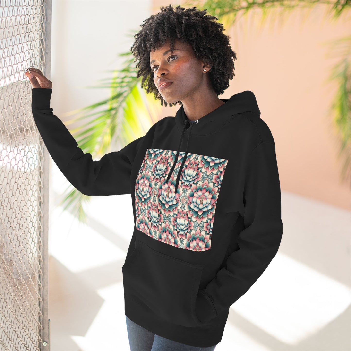 Fleece Hoodie with Lotus Flower Design