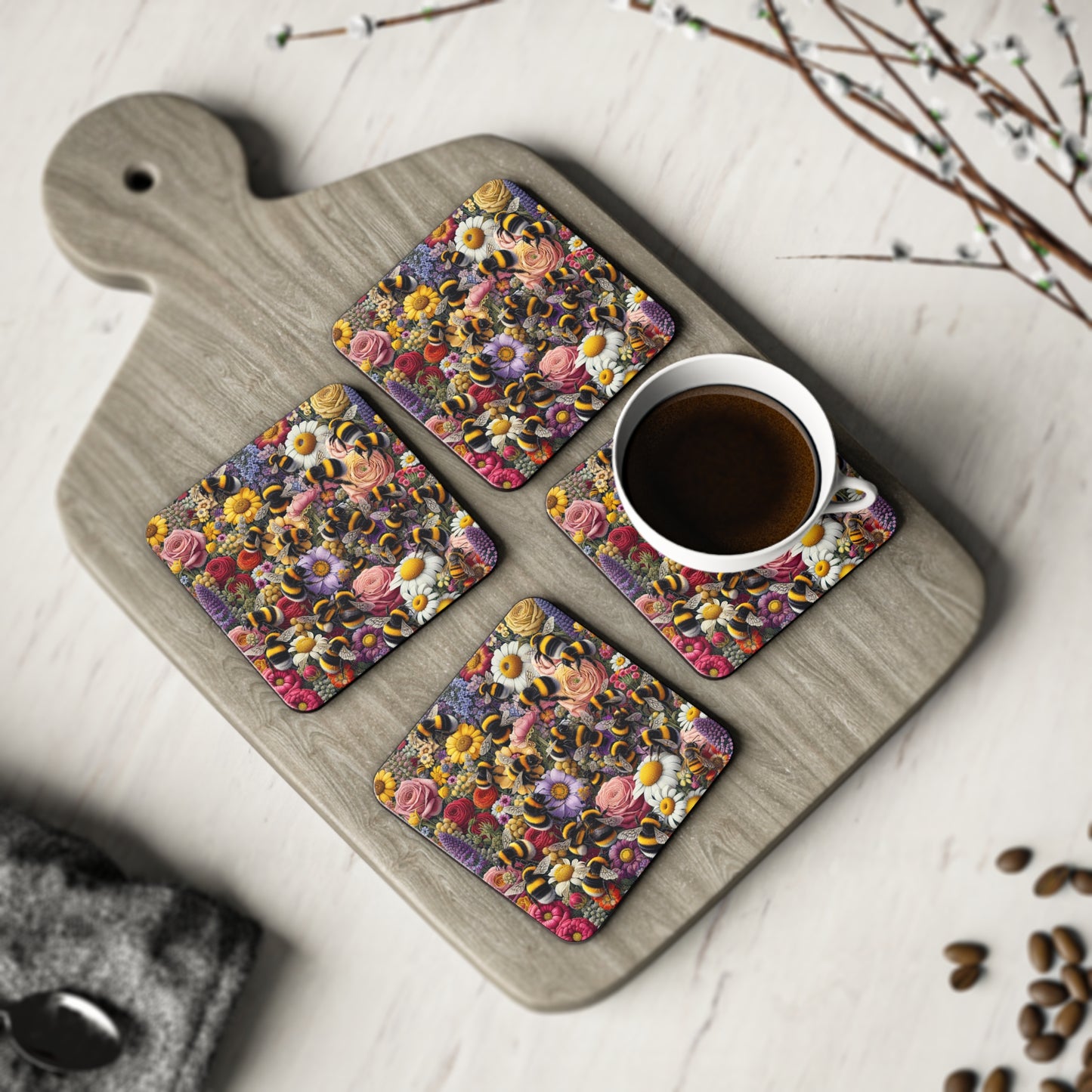 Floral Bee Coasters - Vibrant Floral Design, Perfect Gift for Bee Lovers, Home Décor, Eco-Friendly, Coffee Table Essentials