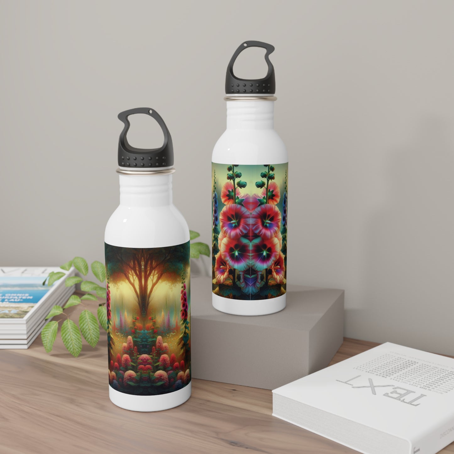Stainless Steel Water Bottle - Hollyhocks design, Botanical Flower Lover Gift, Reusable Drinkware, Floral Water Bottle,