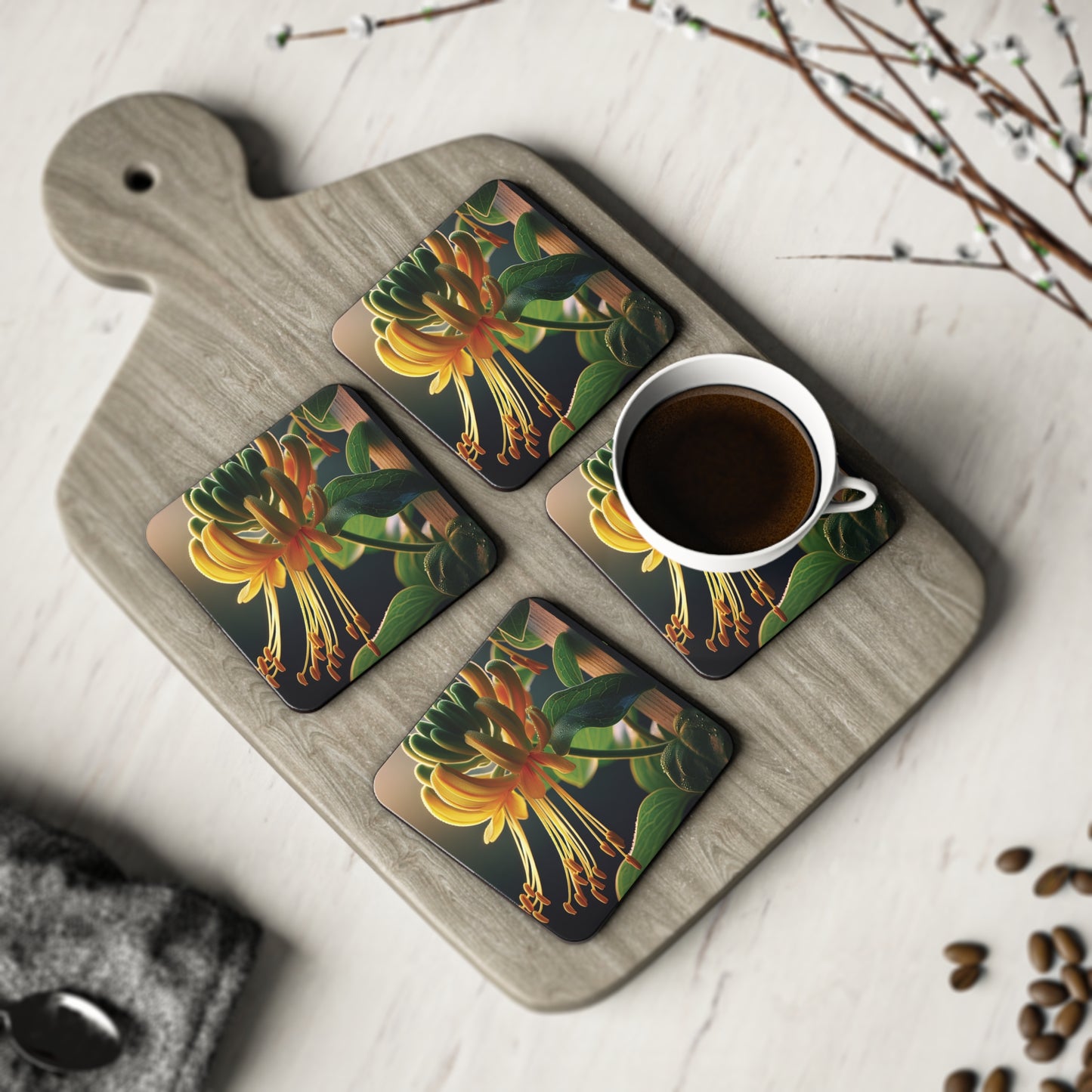Floral Honeysuckle Coasters, Set of 4 Cork Backed Coasters, Botanical Drink Mats, Flower Lover Gift, Home Decor Accents