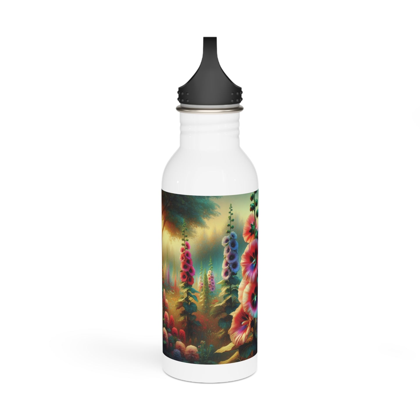 Stainless Steel Water Bottle - Hollyhocks design, Botanical Flower Lover Gift, Reusable Drinkware, Floral Water Bottle,